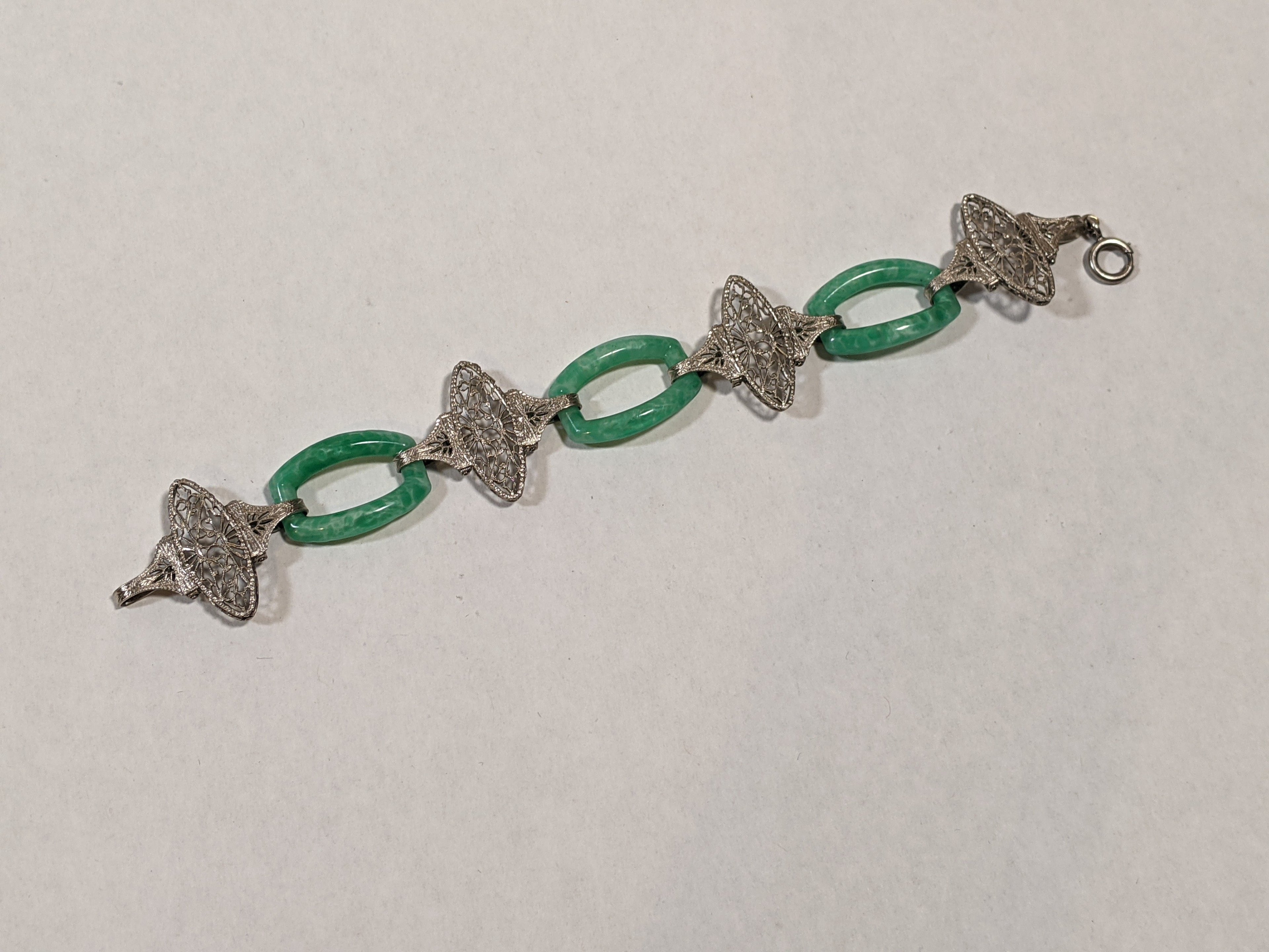 Art Deco Green Glass Rhodium Plated Bracelet