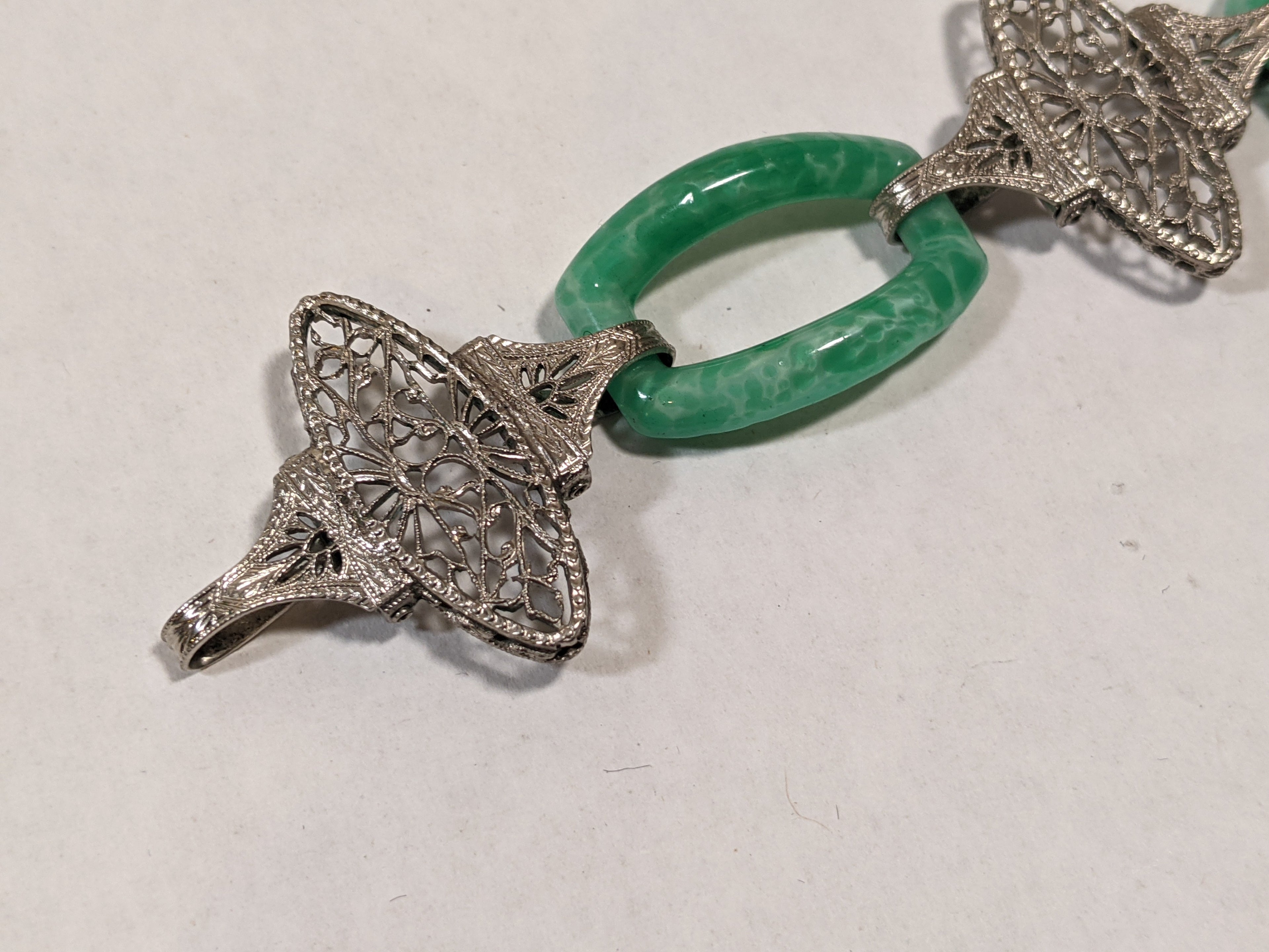 Art Deco Green Glass Rhodium Plated Bracelet