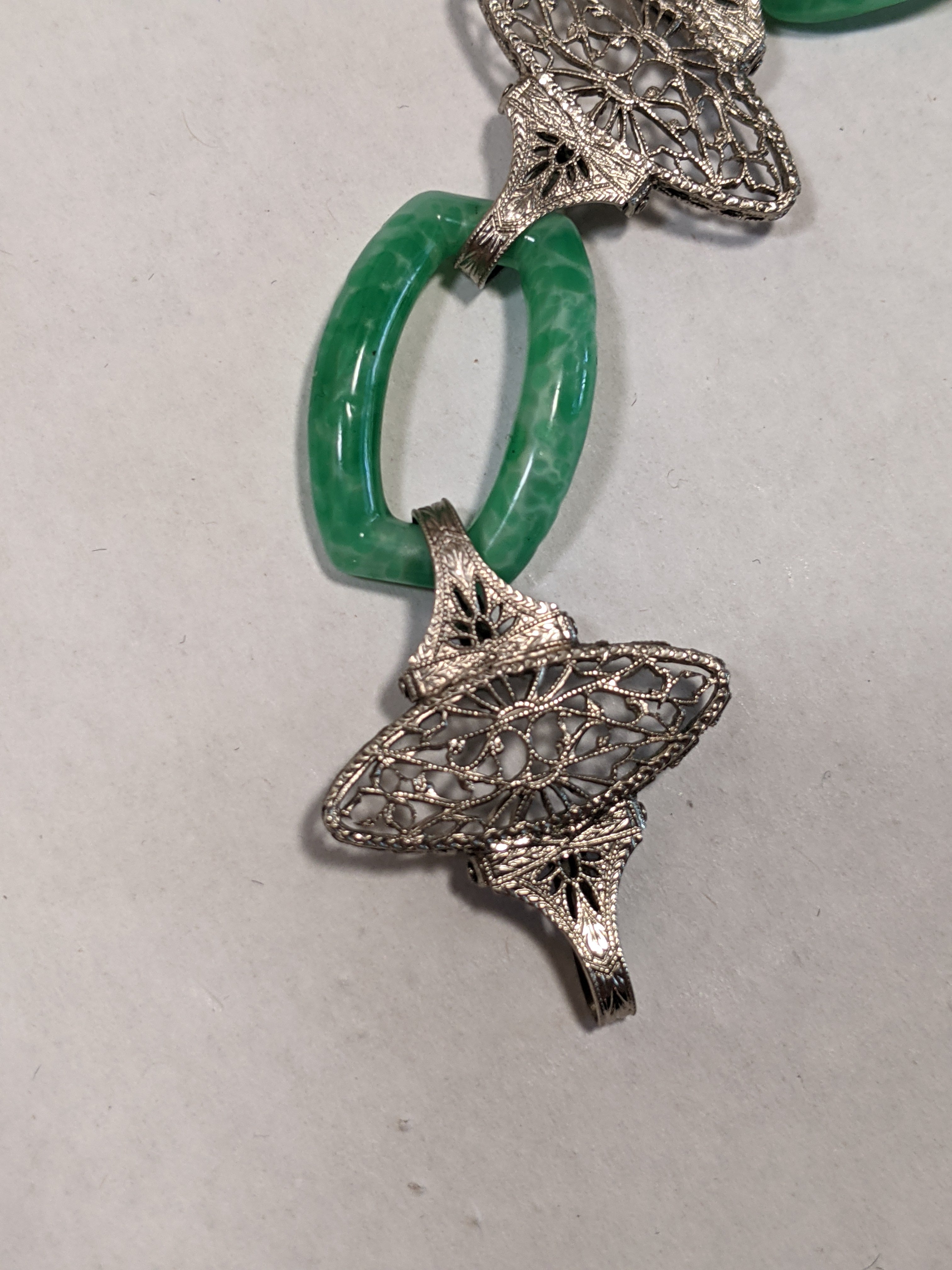 Art Deco Green Glass Rhodium Plated Bracelet