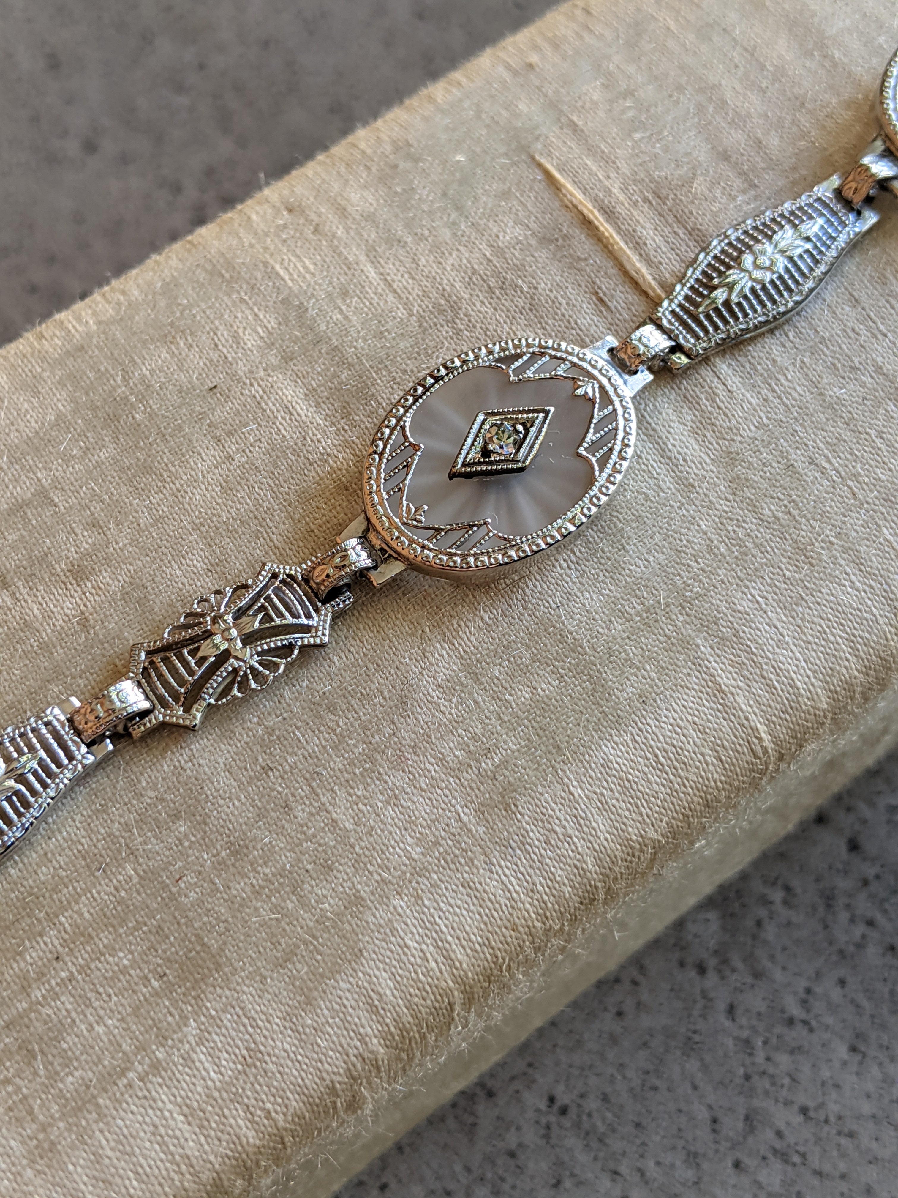Art Deco White Gold Rock Crystal + Diamond Bracelet