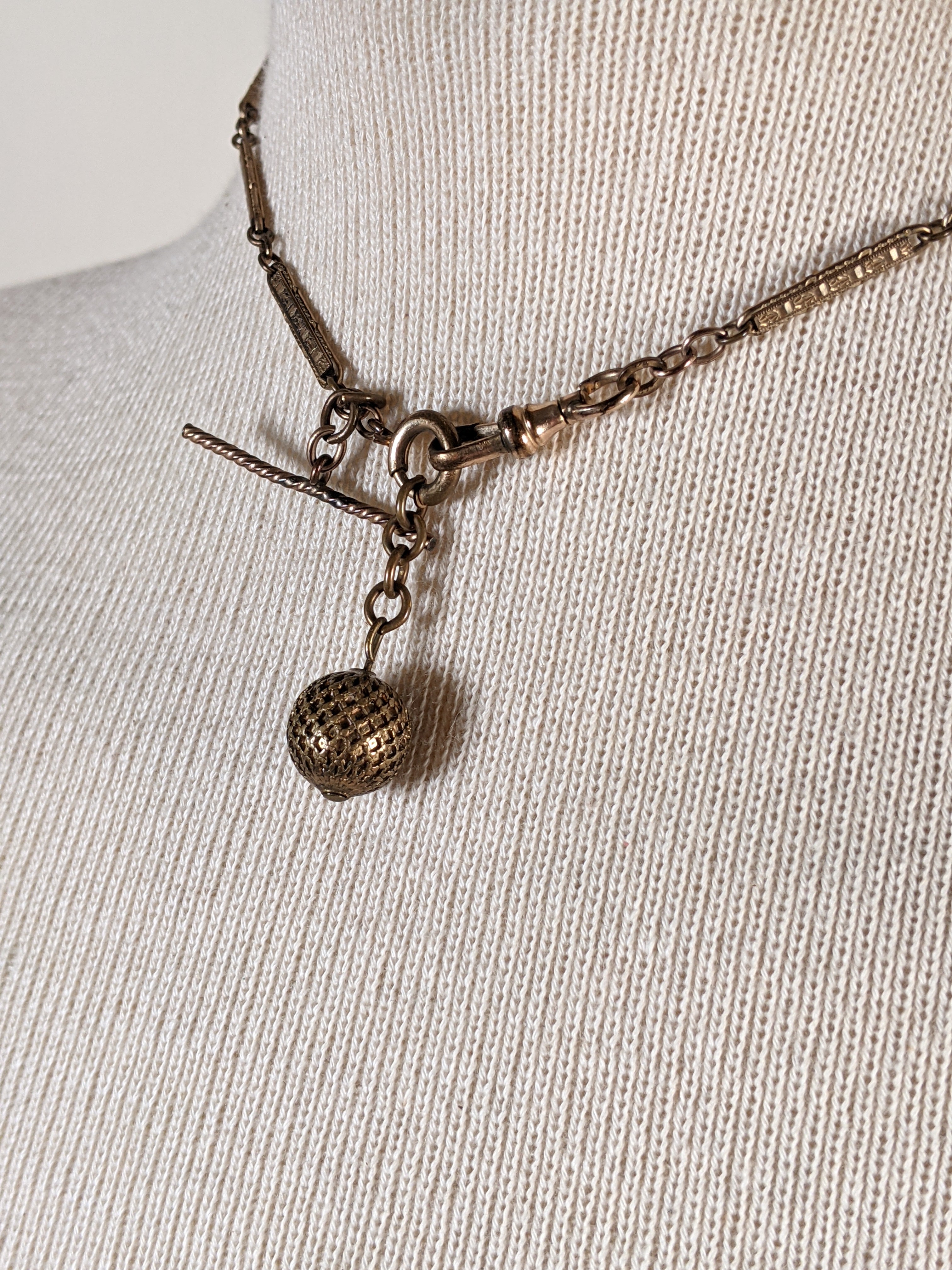 19th c. Gold Filled Watch Chain / Necklace + Ball Fob