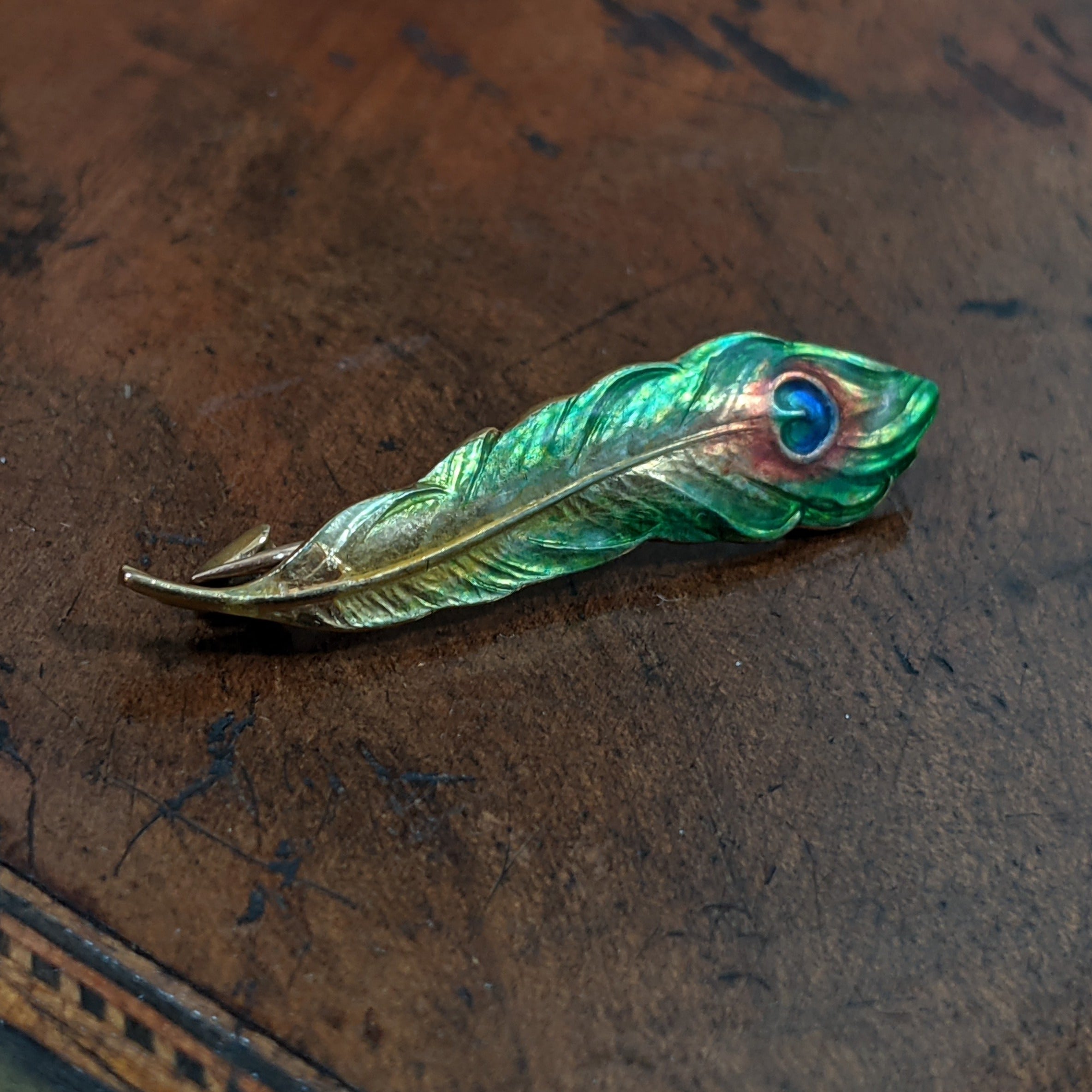Art Nouveau 14k Gold Enamel Peacock Feather Brooch