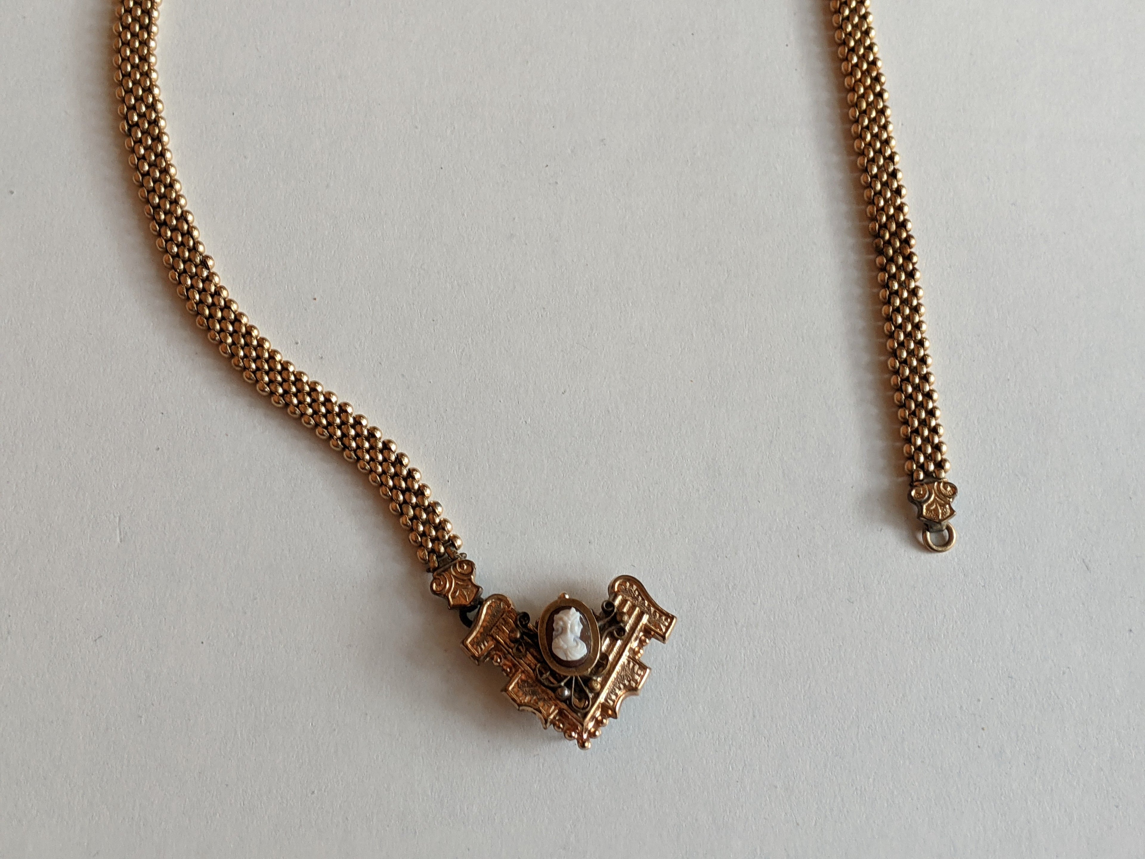 19th c. Gold Filled Mesh Cameo Necklace