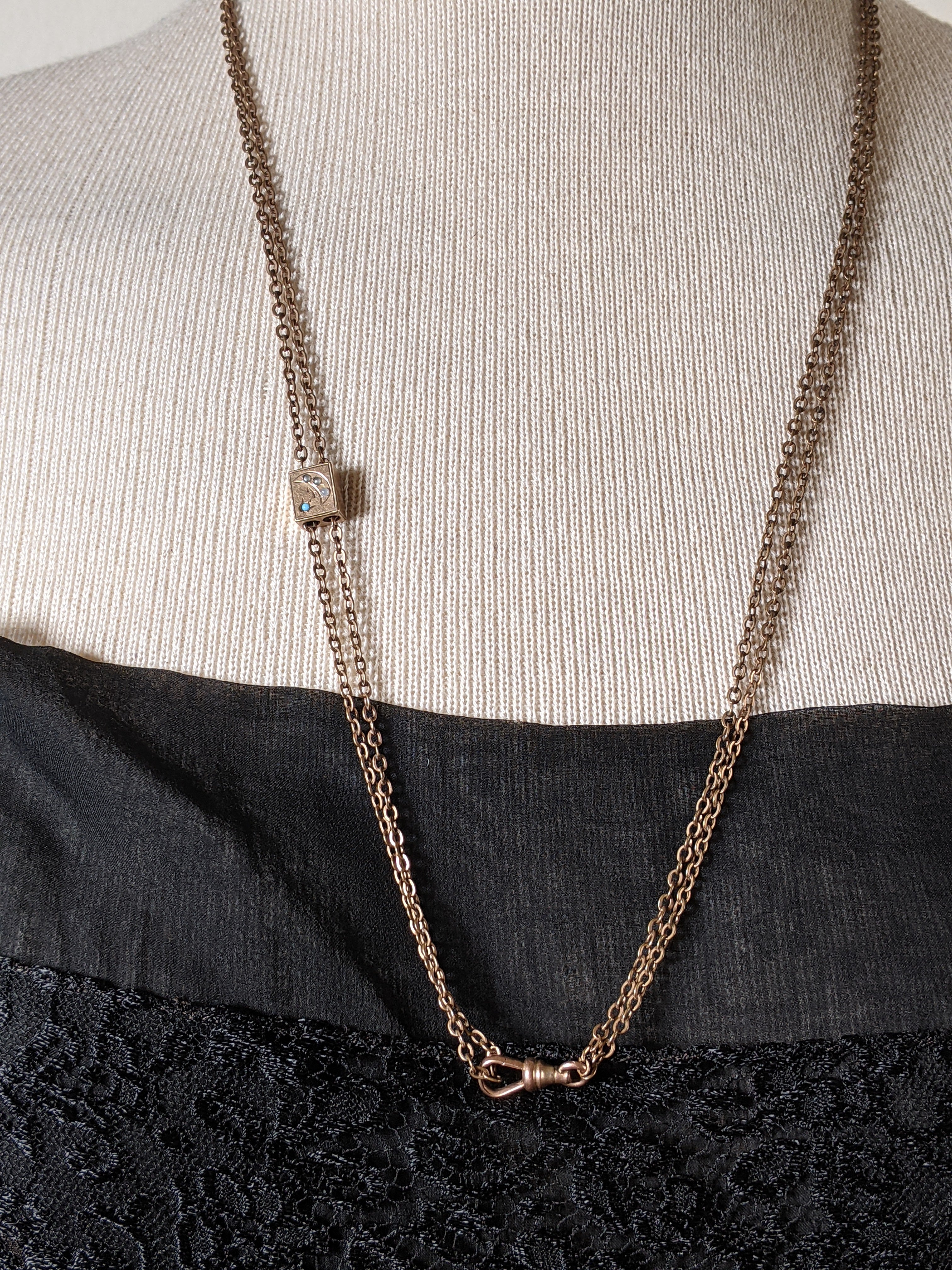 19th c. Gold Filled Long Guard Chain w/ Moon Slide