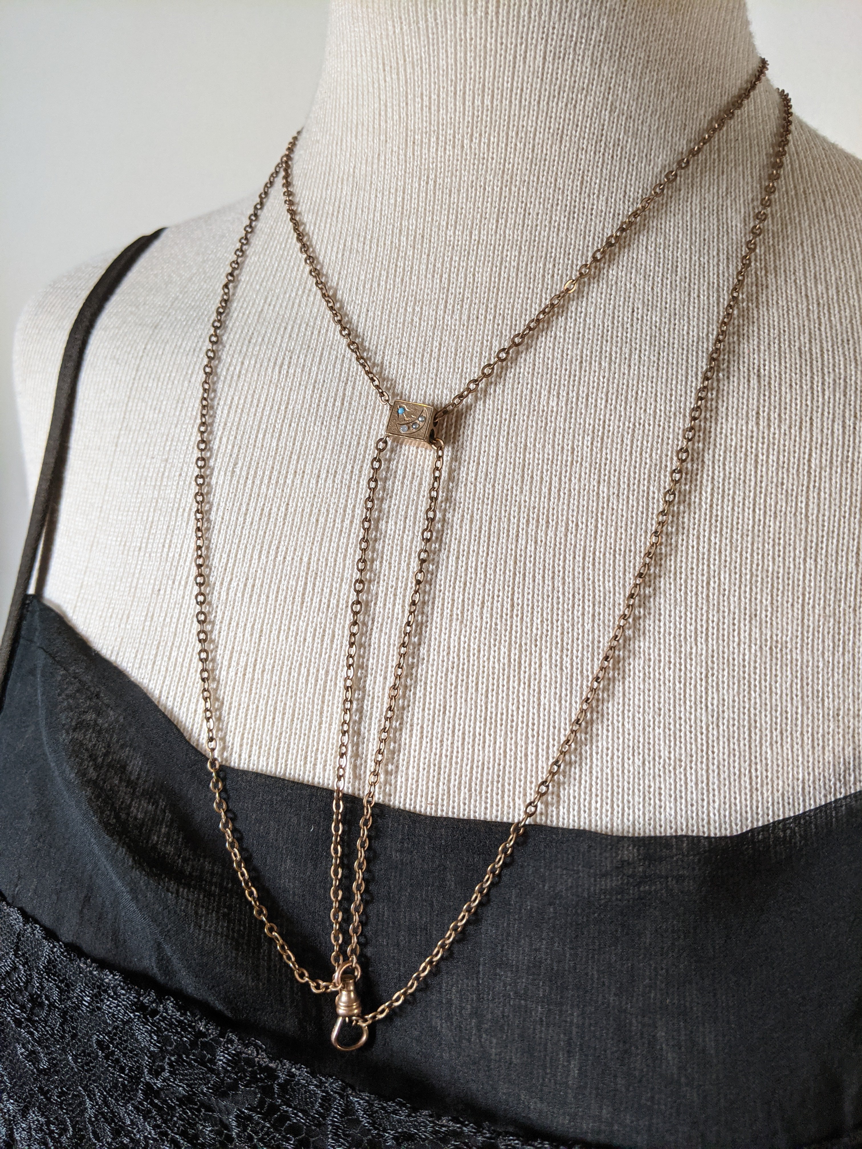 19th c. Gold Filled Long Guard Chain w/ Moon Slide