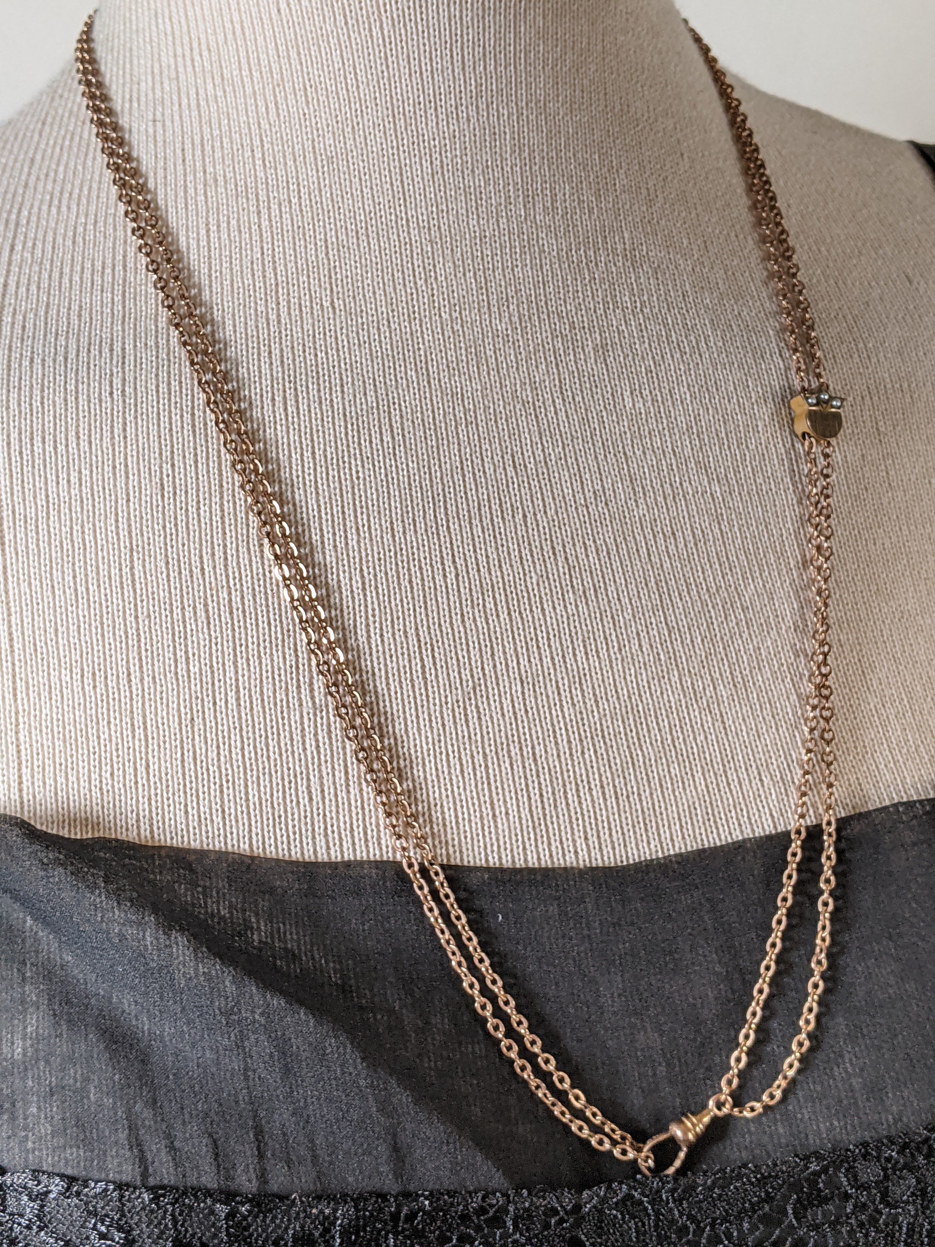 19th c. Gold Filled Long Guard Chain w/ Seed Pearl Slide