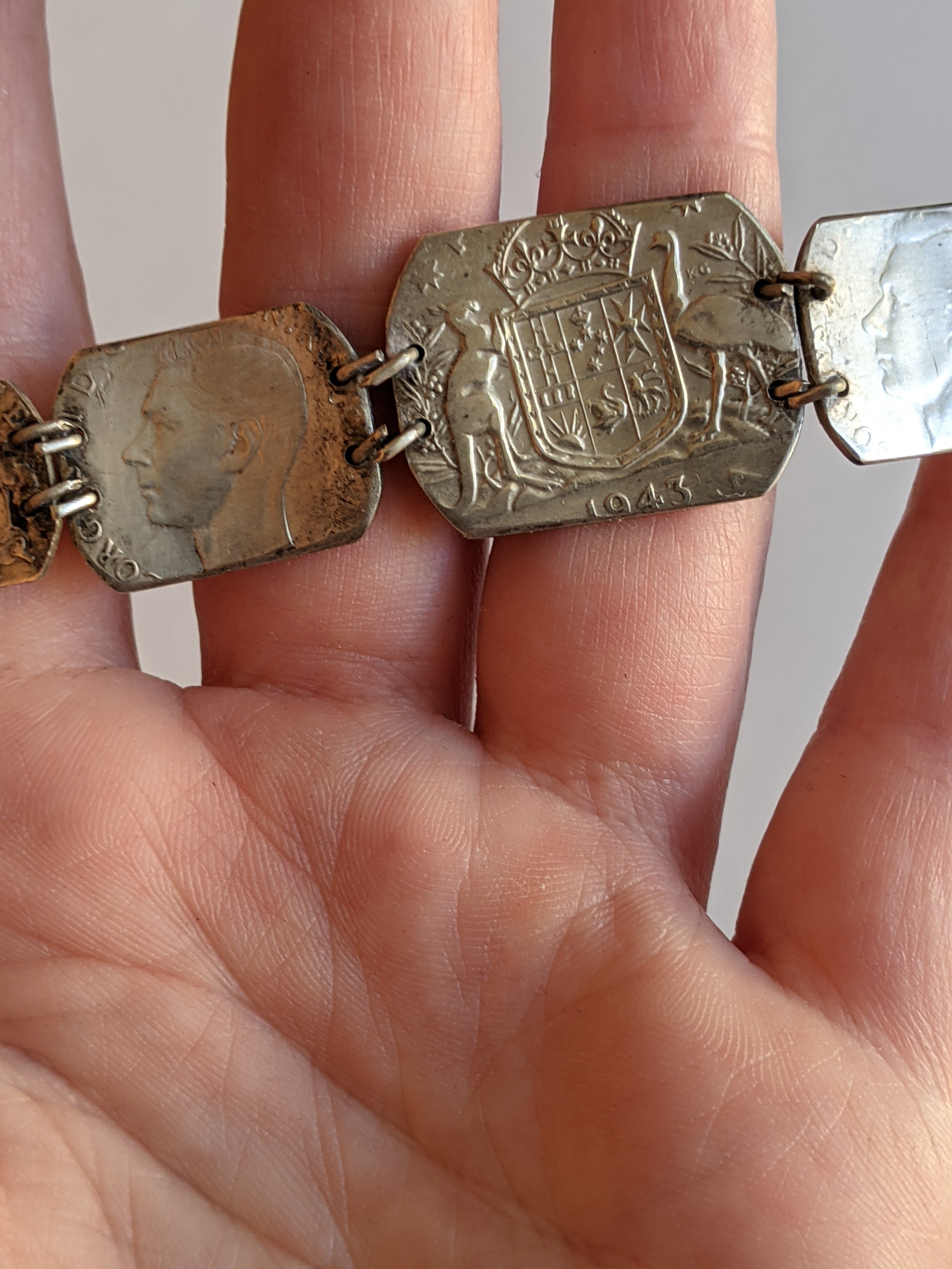1940s WWII Trench Art Silver Coin Bracelet