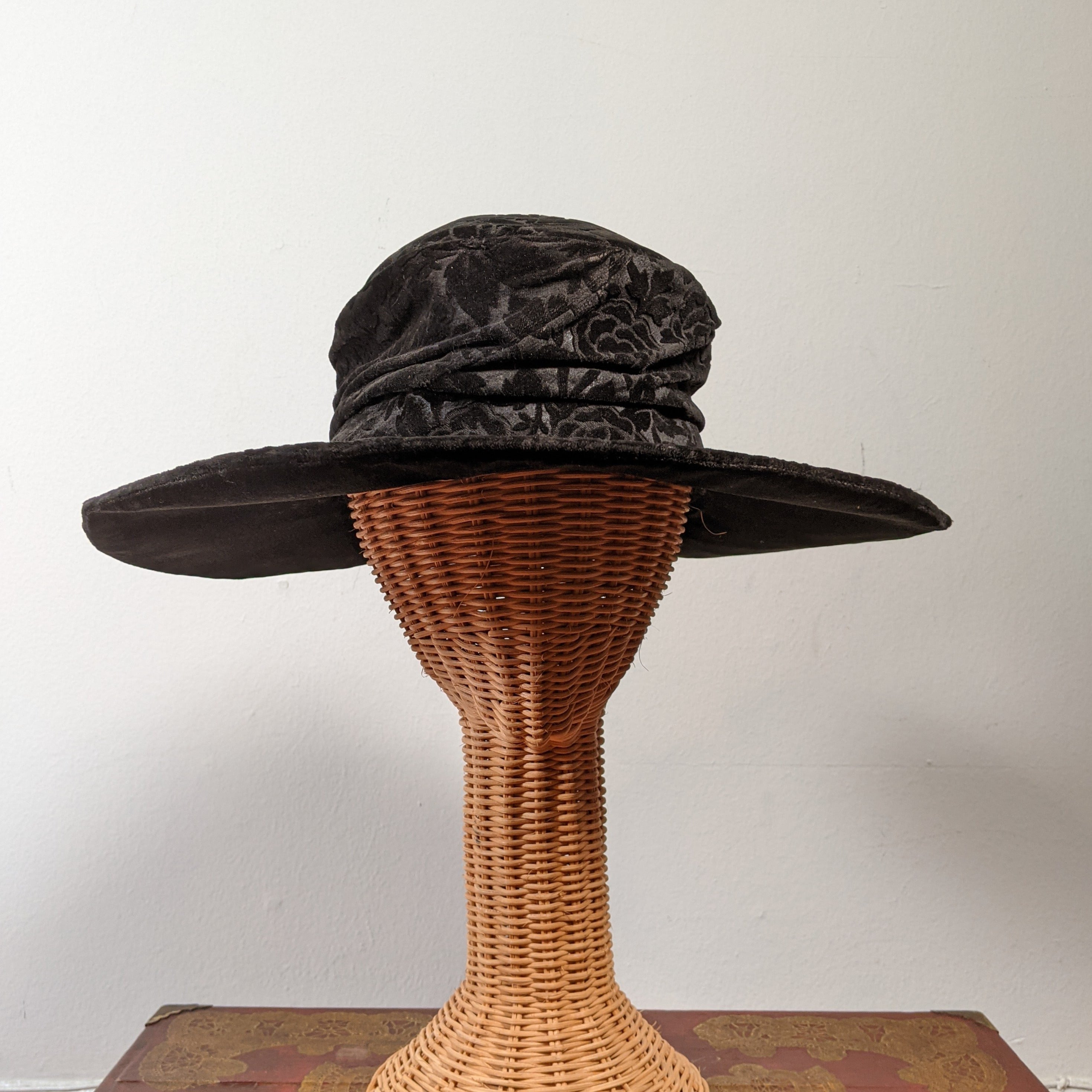 c. 1910s Black Velvet Brocade Hat