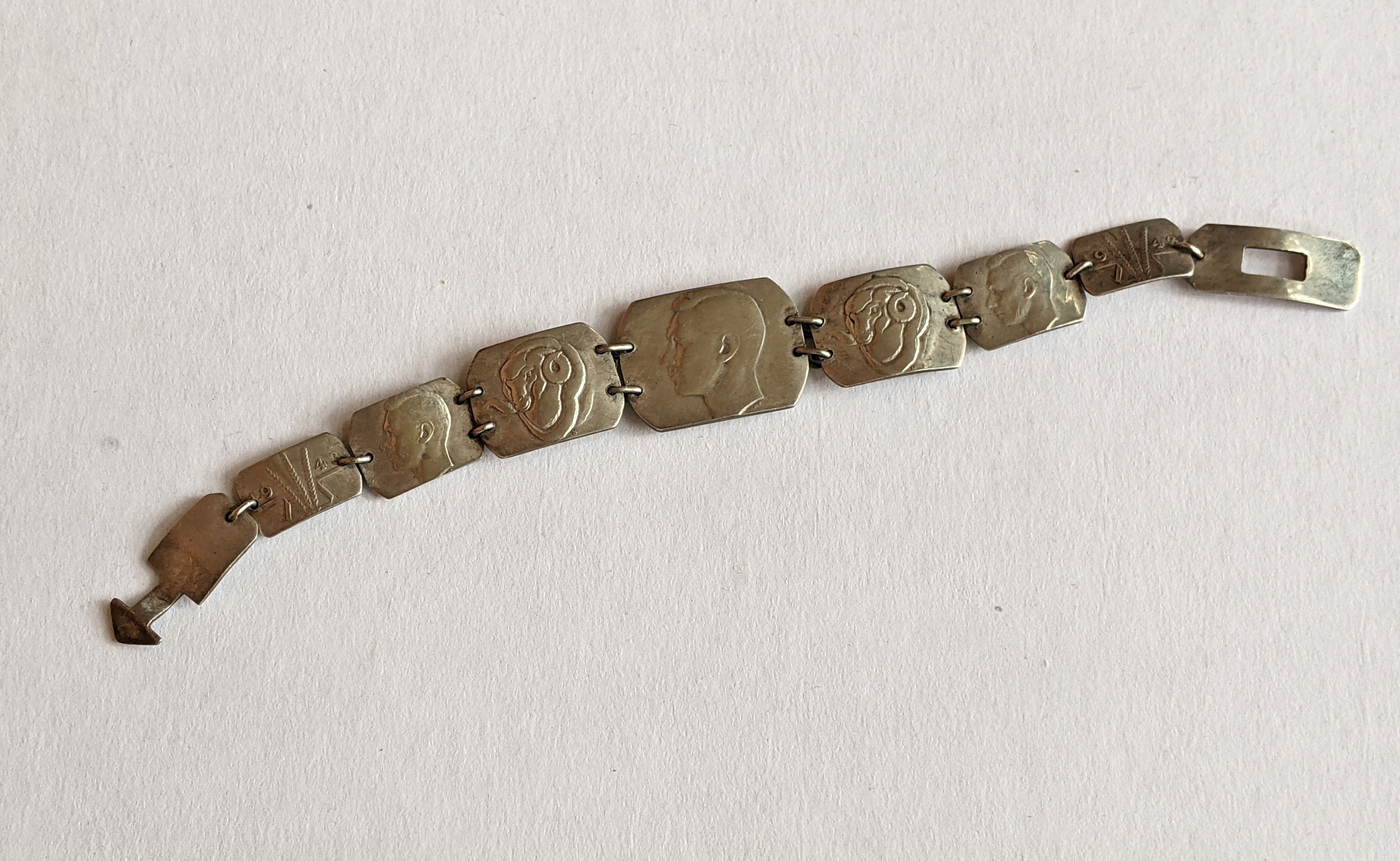 1940s WWII Trench Art Silver Coin Bracelet