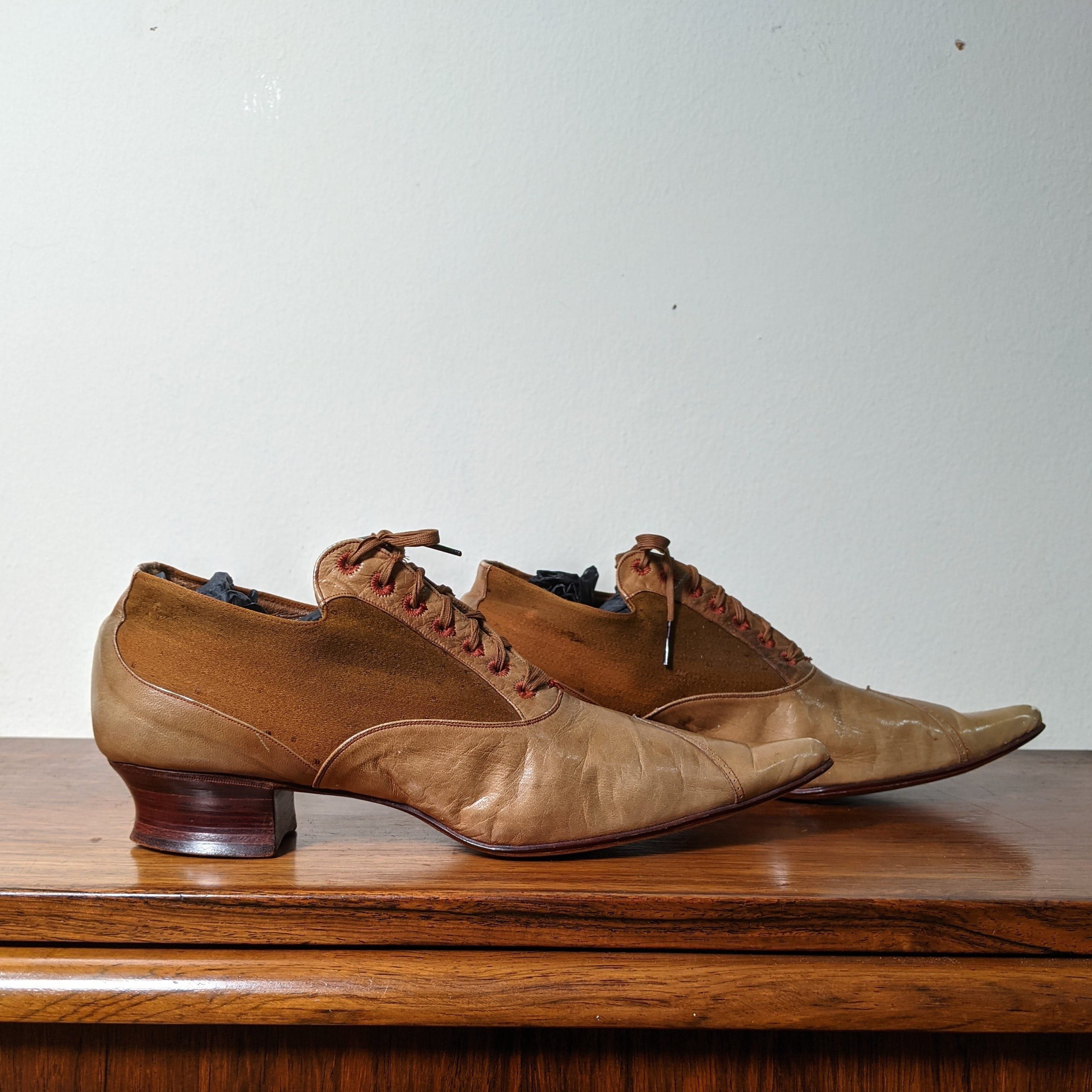 c. 1890s Tan Leather + Silk Oxfords
