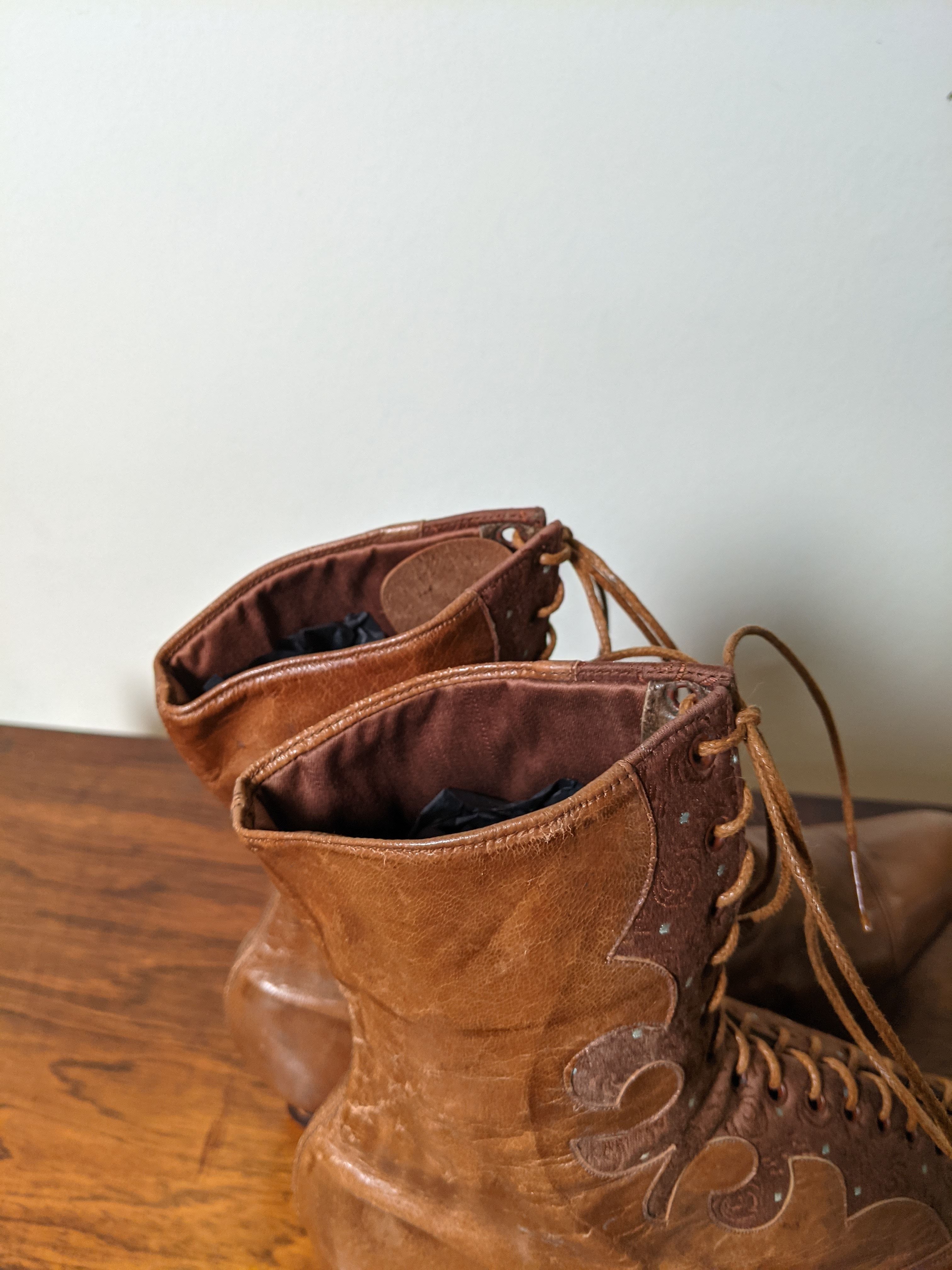 c. 1890s-1900s Tan Leather + Silk Boots