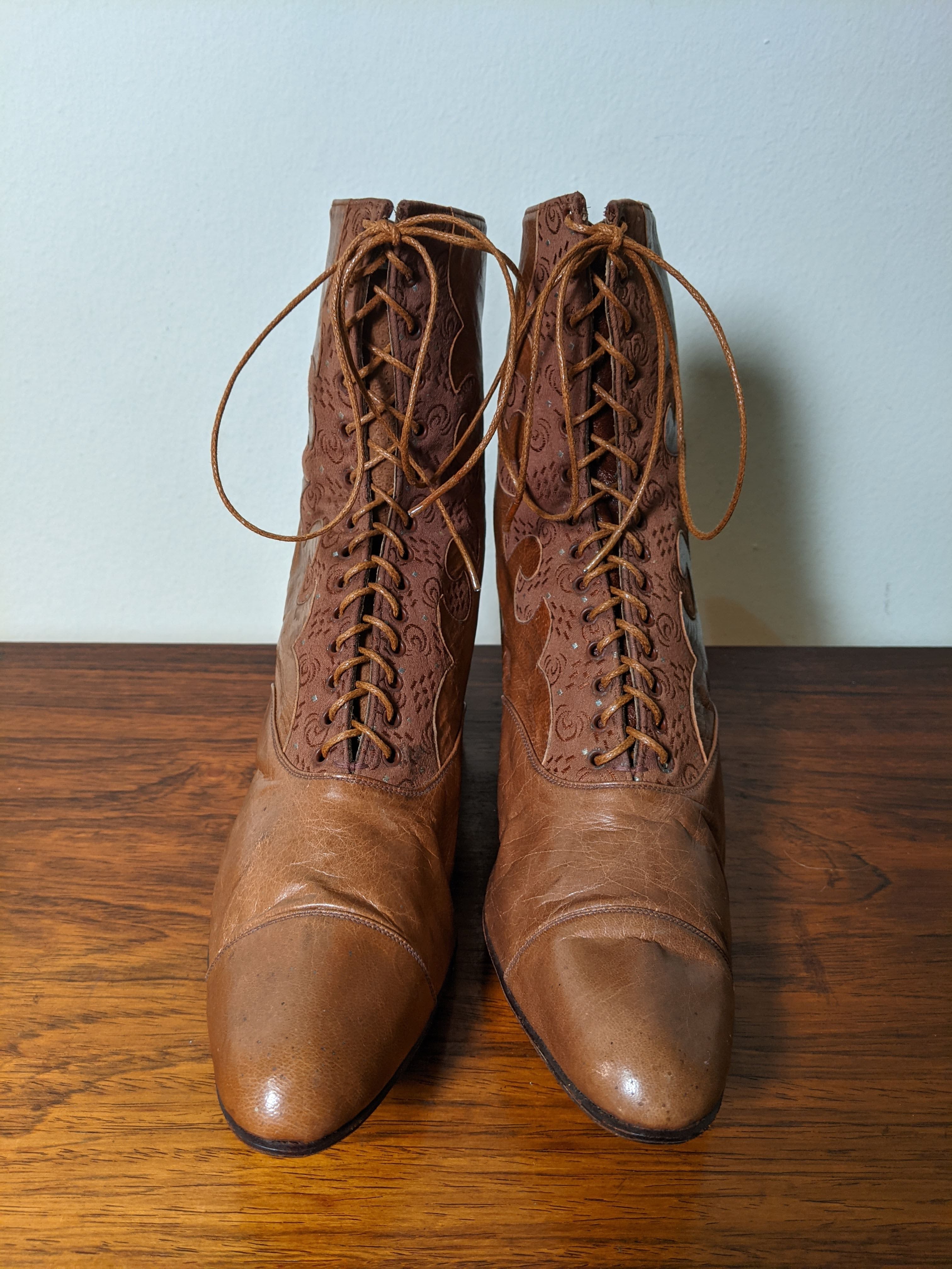 c. 1890s-1900s Tan Leather + Silk Boots