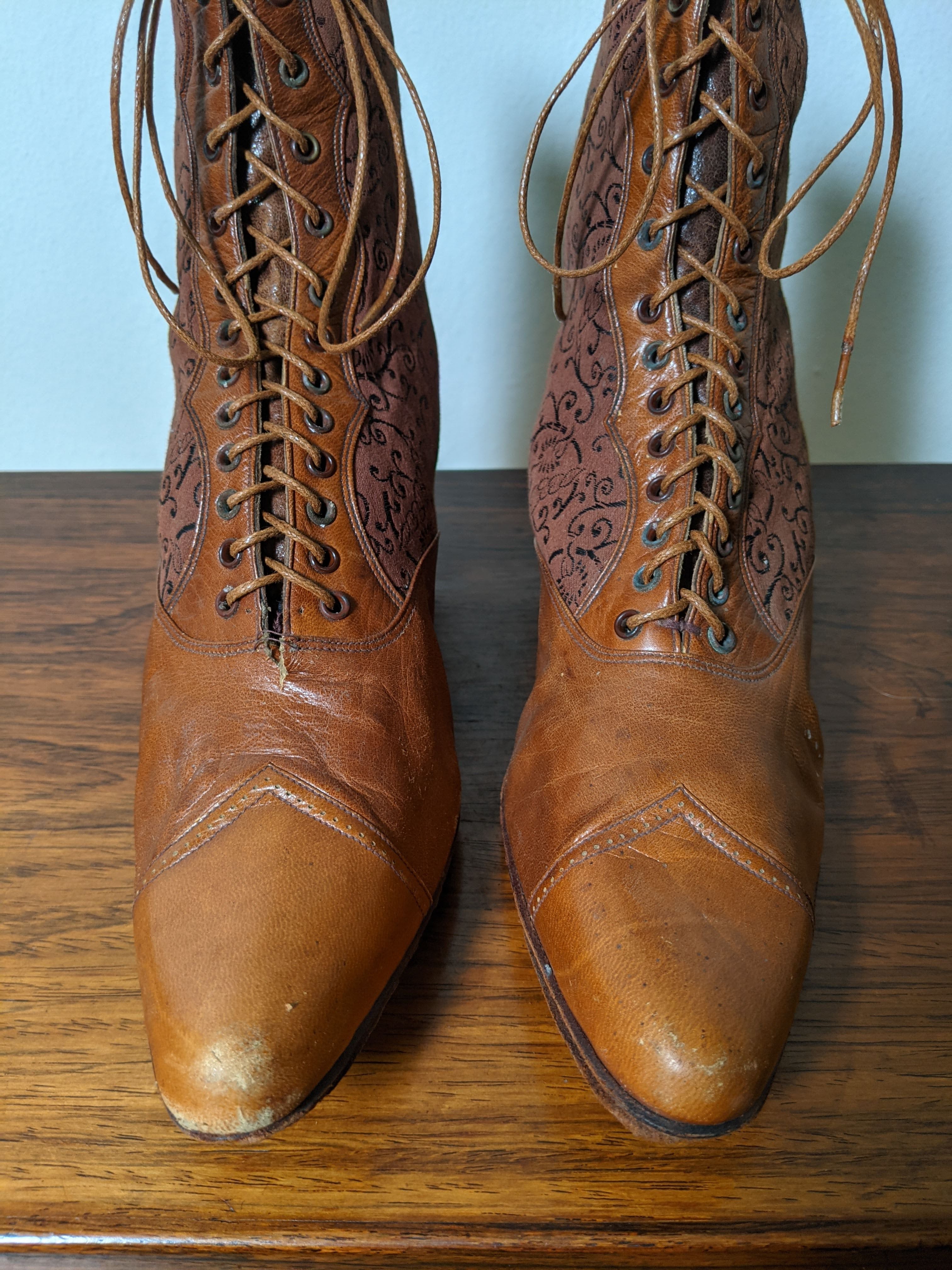 c. 1890s Tan Leather + Silk Boots