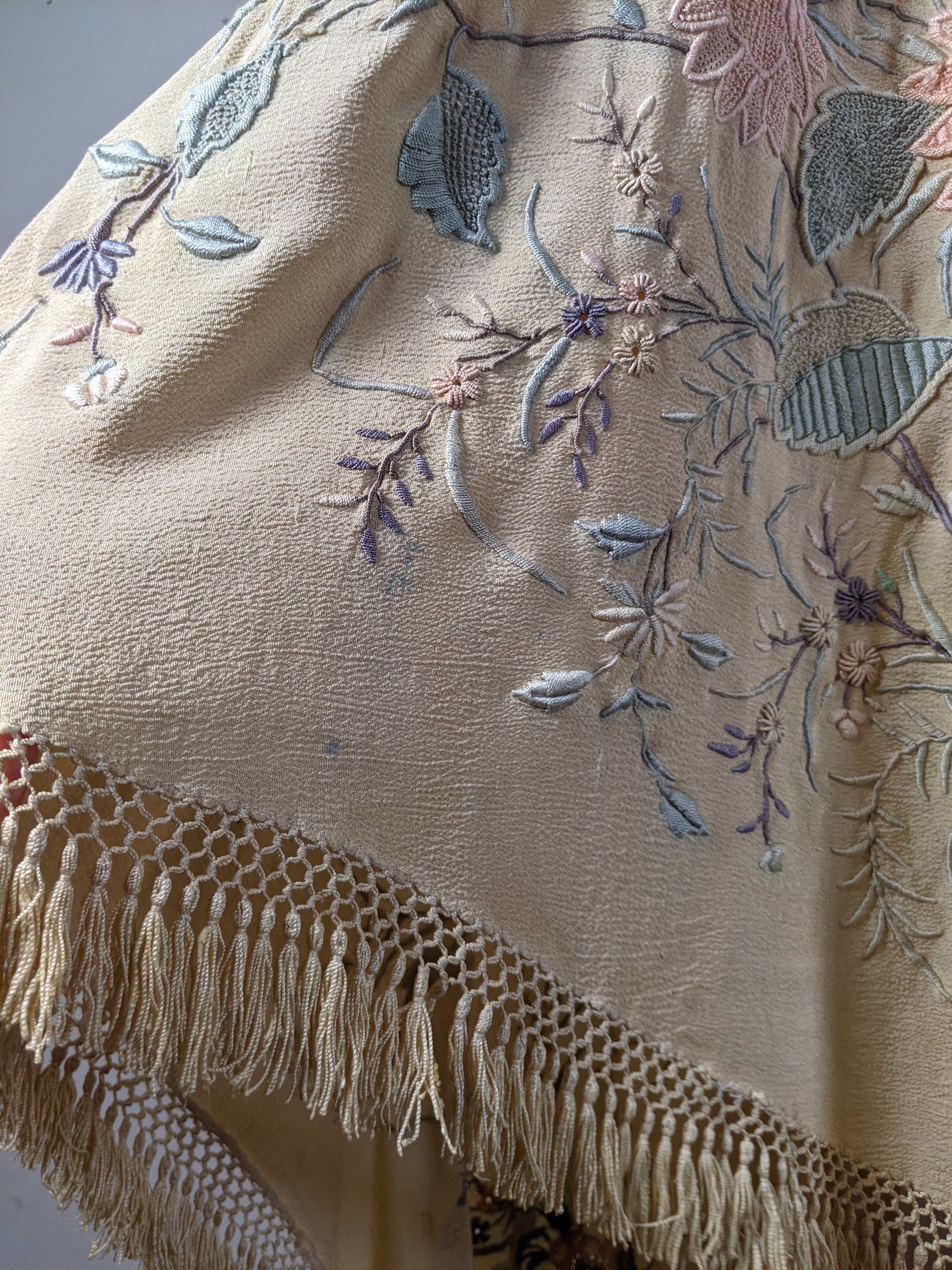 c. 1900s-1910s Pastel Silk Shawl Wrap