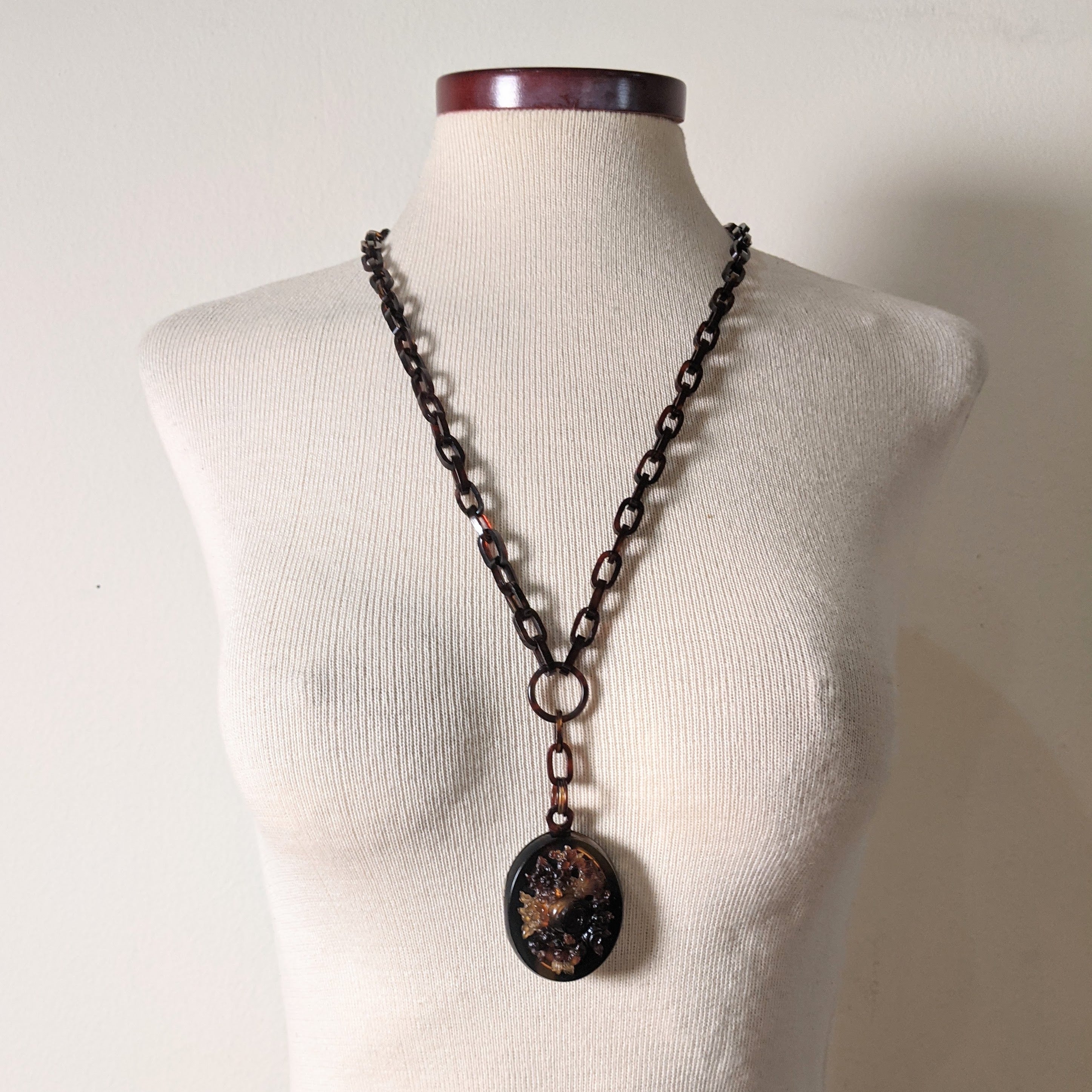 19th c. Tortoise Shell Locket + Chain