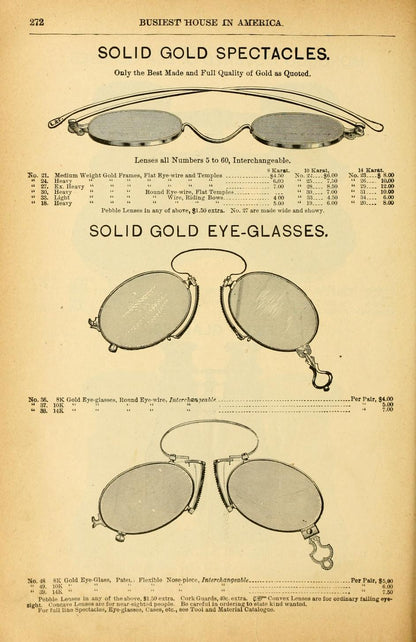 c. 1880s-1890s 14k Gold Pince Nez Glasses w/ Hair Pin