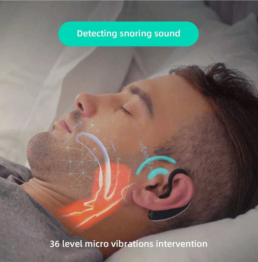 Bluetooth anti-snoring device worn behind the ear with app control and vibration therapy features