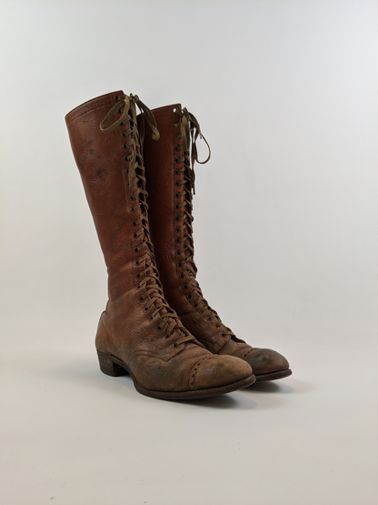 1900s-1910s Tall Brown Lace Up Boots | Approx Sz 7.5