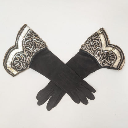 1920s-30s Black Sequined Gloves | XS