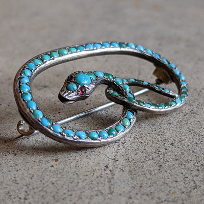 C. 1890s Silver Turquoise Snake Brooch
