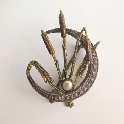 1910s Sterling Silver Crescent Moon + Reeds Brooch