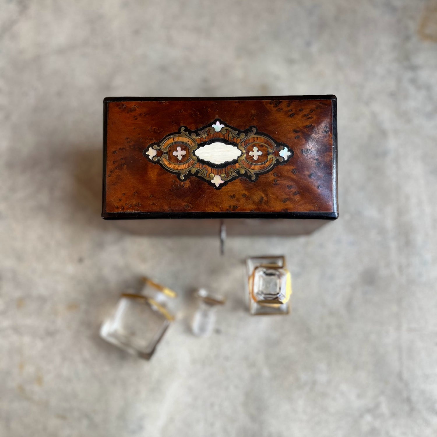19th c. Walnut Burl Music Box + Perfume Case