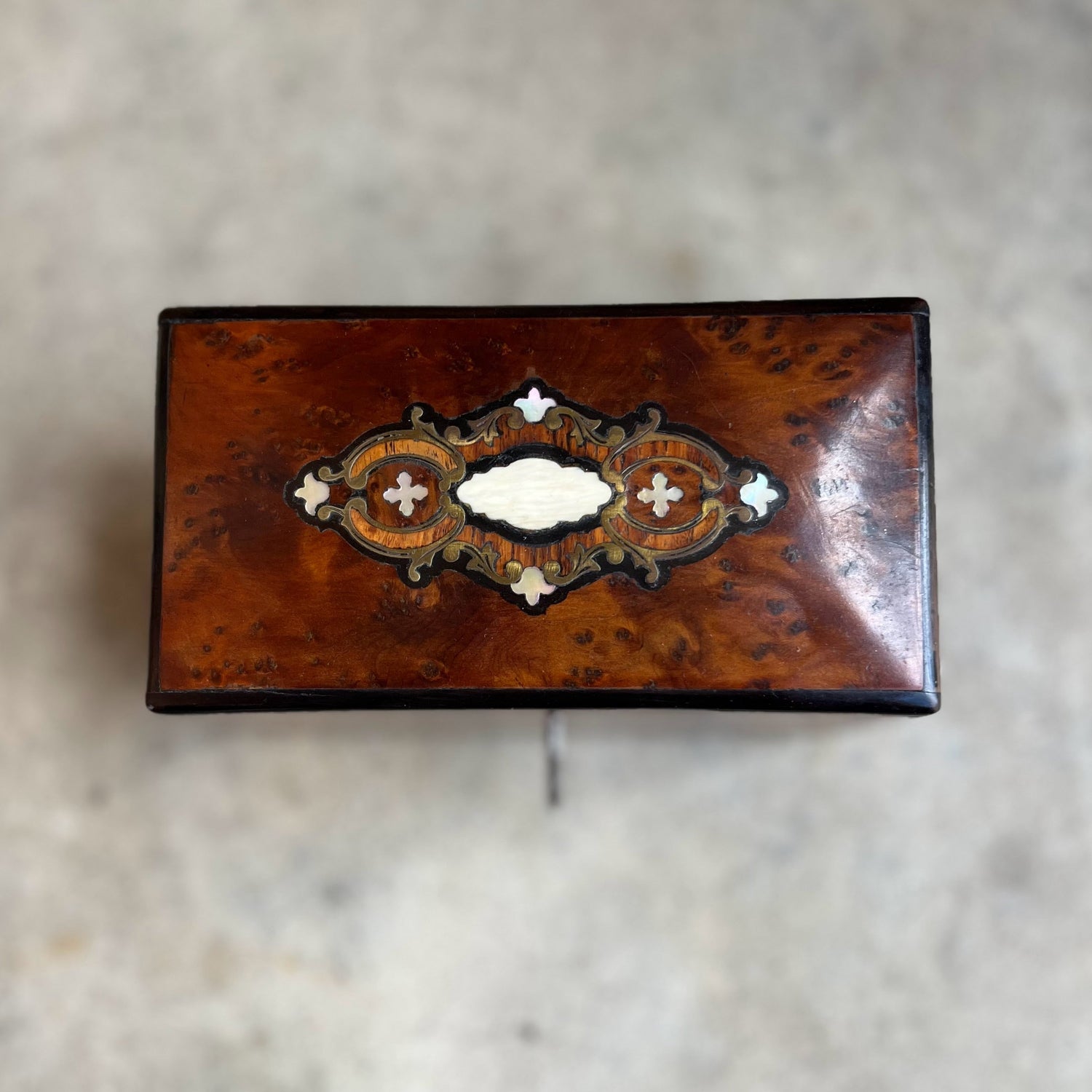 19th c. Walnut Burl Music Box + Perfume Case
