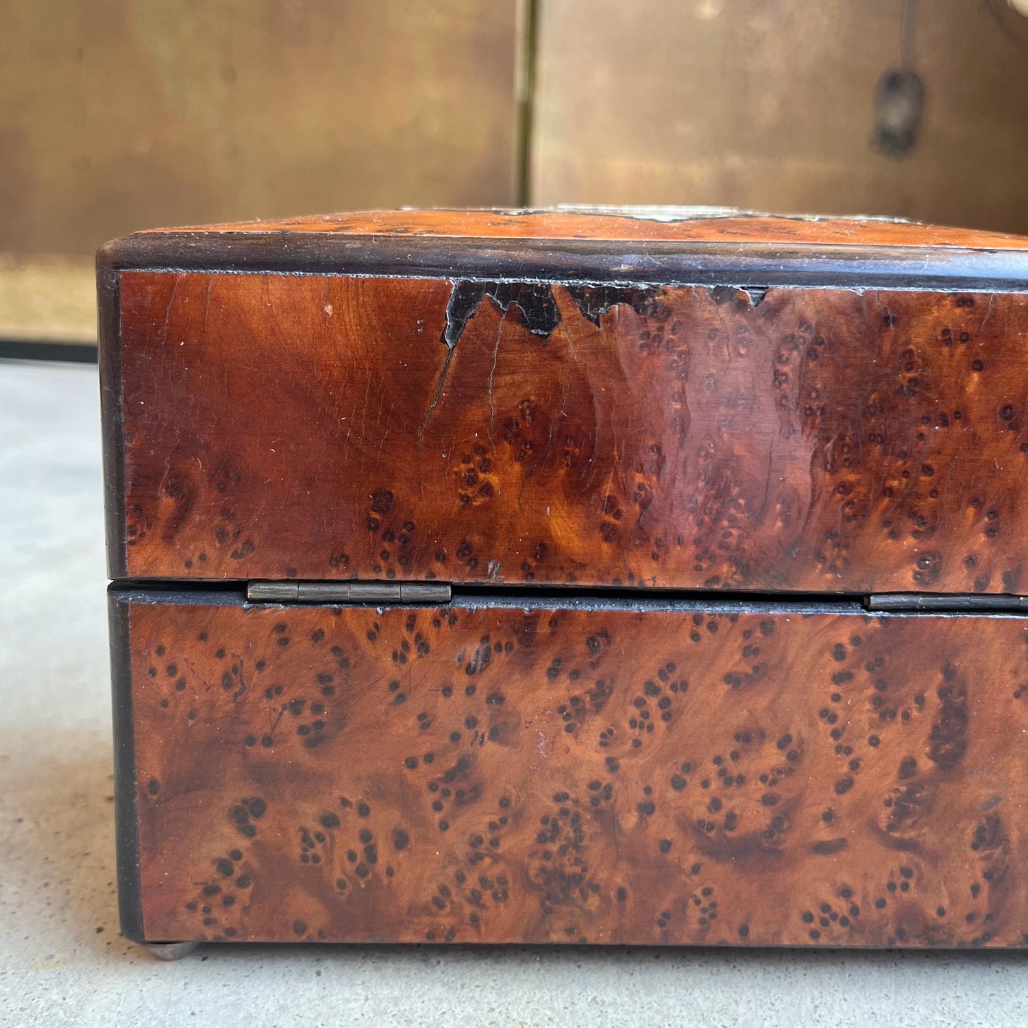 19th c. Walnut Burl Music Box + Perfume Case
