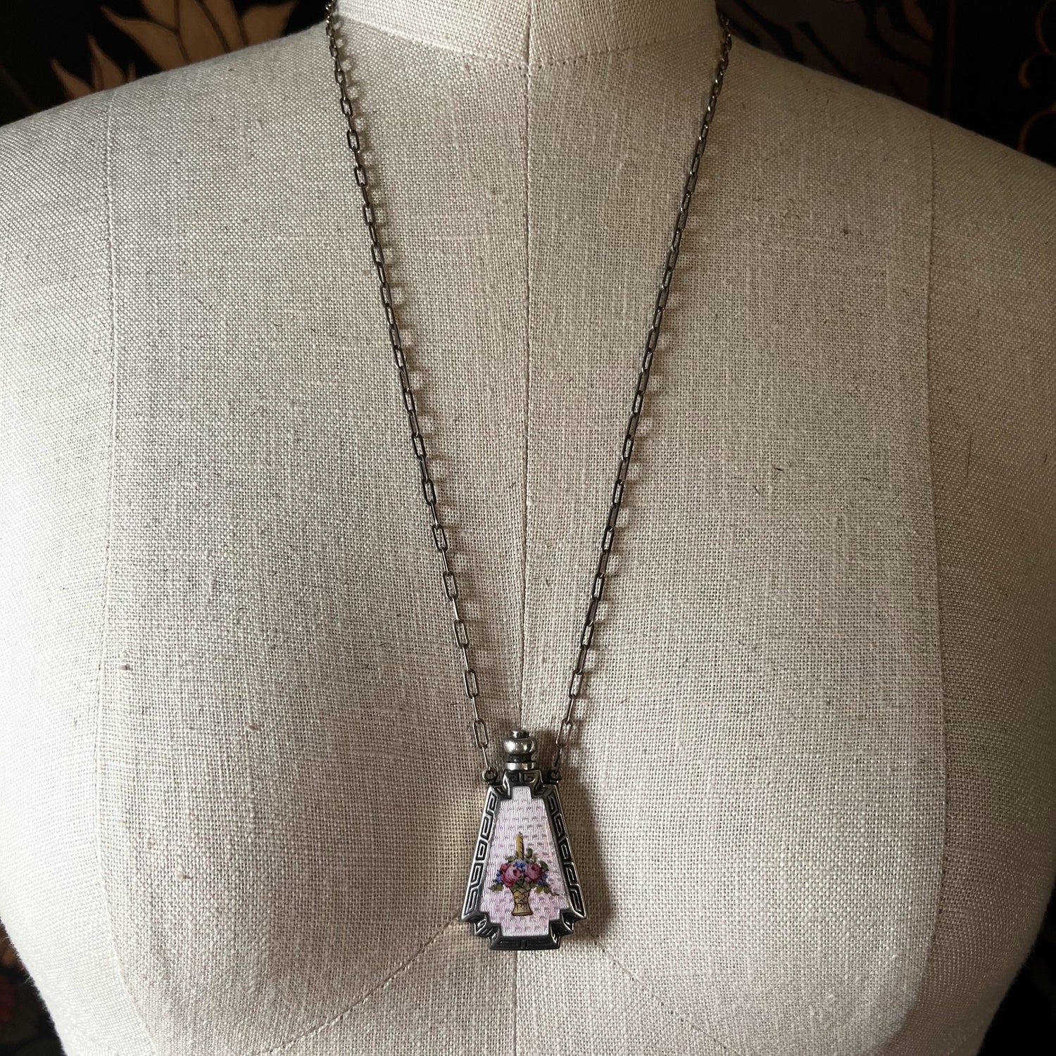 Art Deco Silver Guilloche Enamel Purple Perfume Bottle Necklace