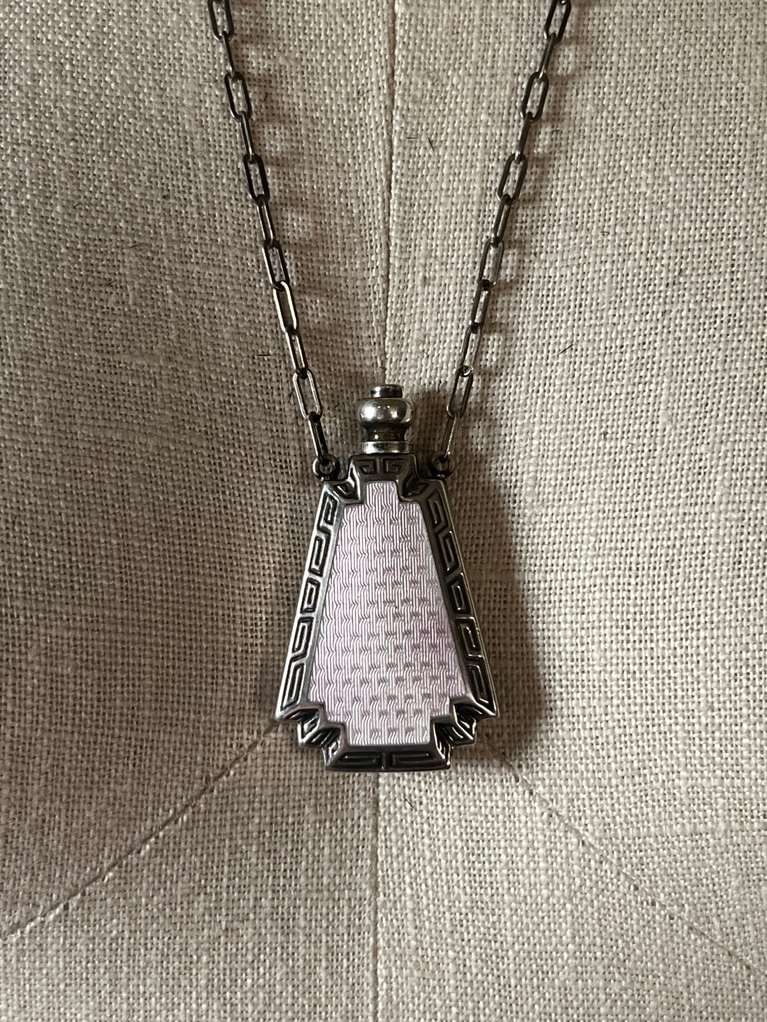 Art Deco Silver Guilloche Enamel Purple Perfume Bottle Necklace
