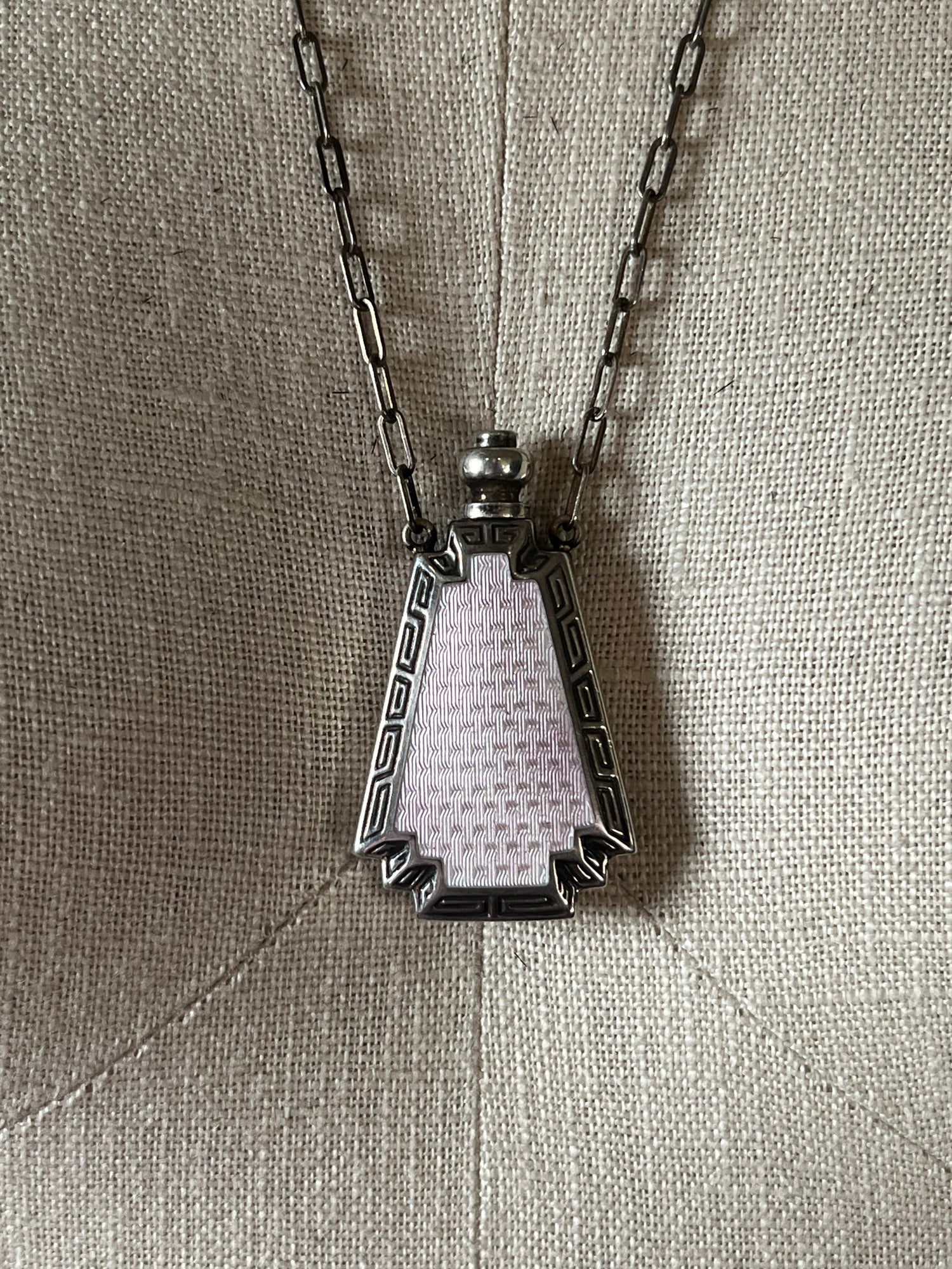 Art Deco Silver Guilloche Enamel Purple Perfume Bottle Necklace