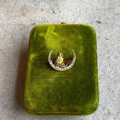 c. 1890s Crescent Moon Owl Brooch