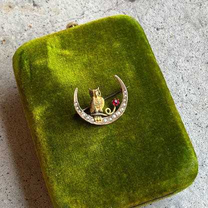 c. 1890s Crescent Moon Owl Brooch