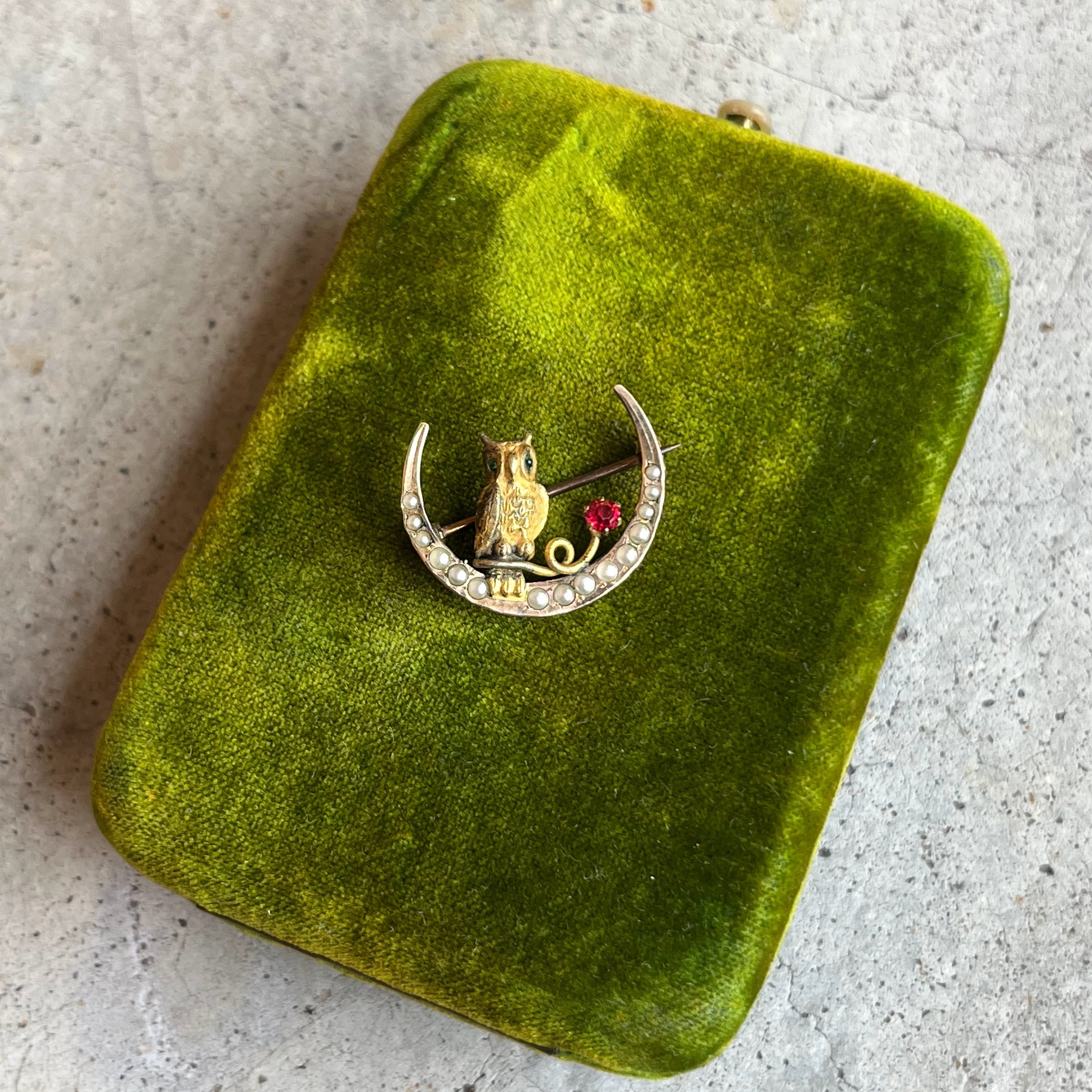 c. 1890s Crescent Moon Owl Brooch