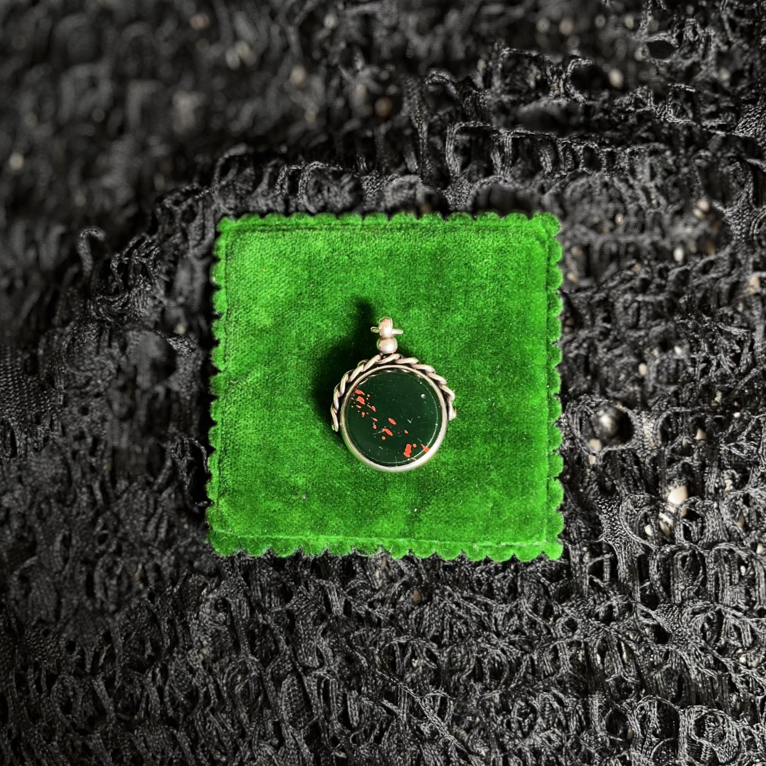 1920s Sterling Silver Bloodstone Fob Pendant | Antique Jewelry