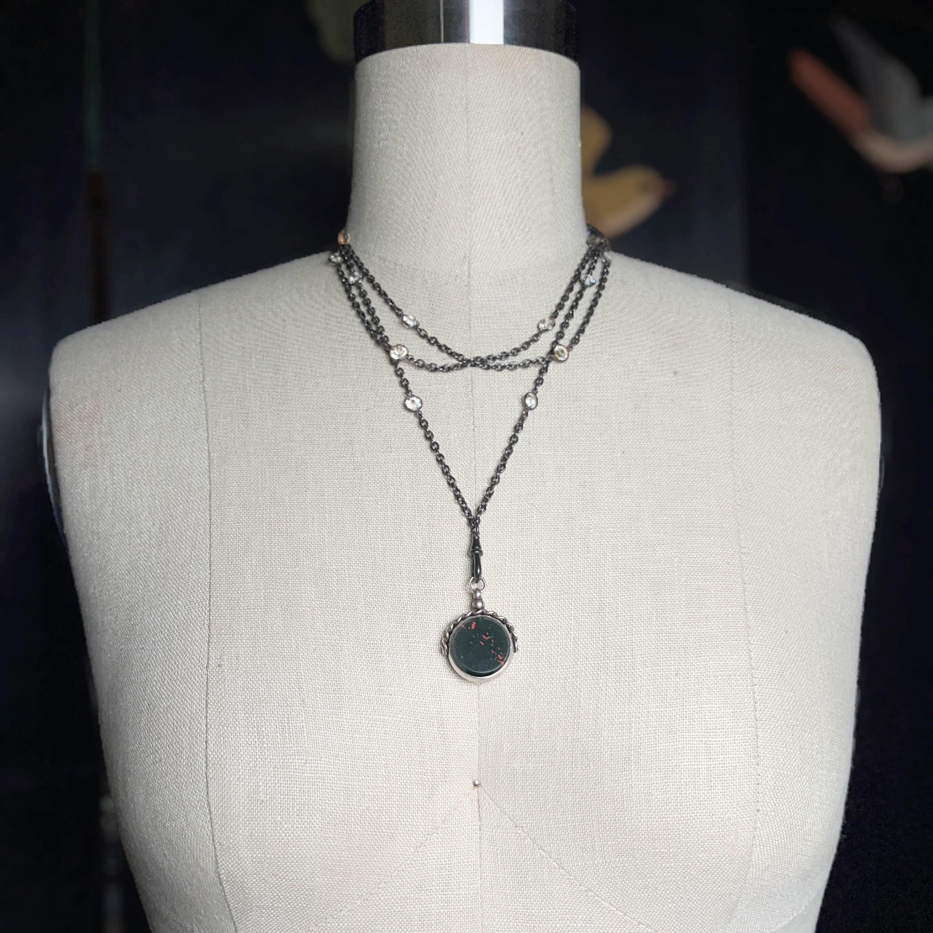 1920s Sterling Silver Bloodstone Fob Pendant | Antique Jewelry