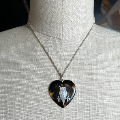 19th c. Tortoise Shell Heart Owl Necklace
