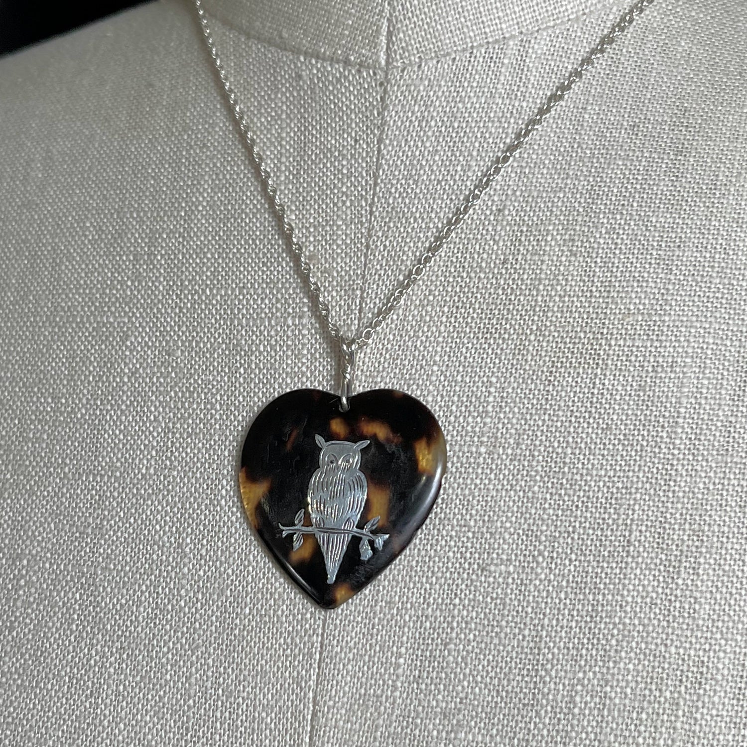 19th c. Tortoise Shell Heart Owl Necklace