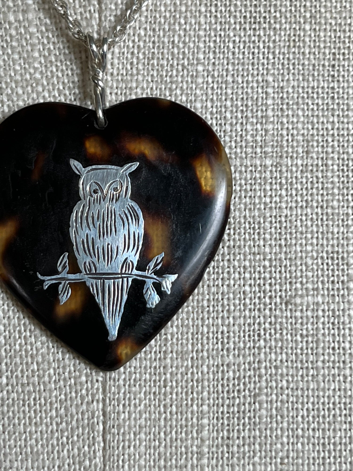 19th c. Tortoise Shell Heart Owl Necklace