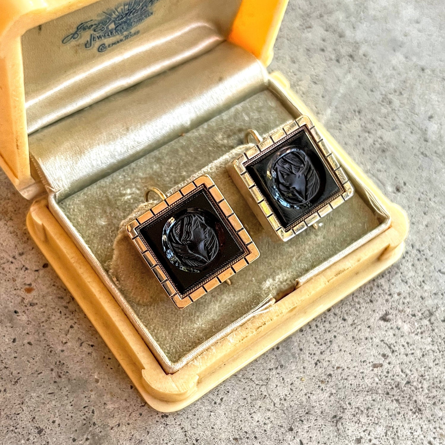 c. 1870s Gold Filled Carved Onyx Earrings