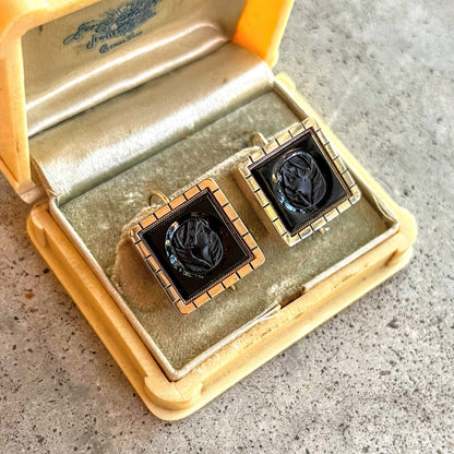 c. 1870s Gold Filled Carved Onyx Earrings