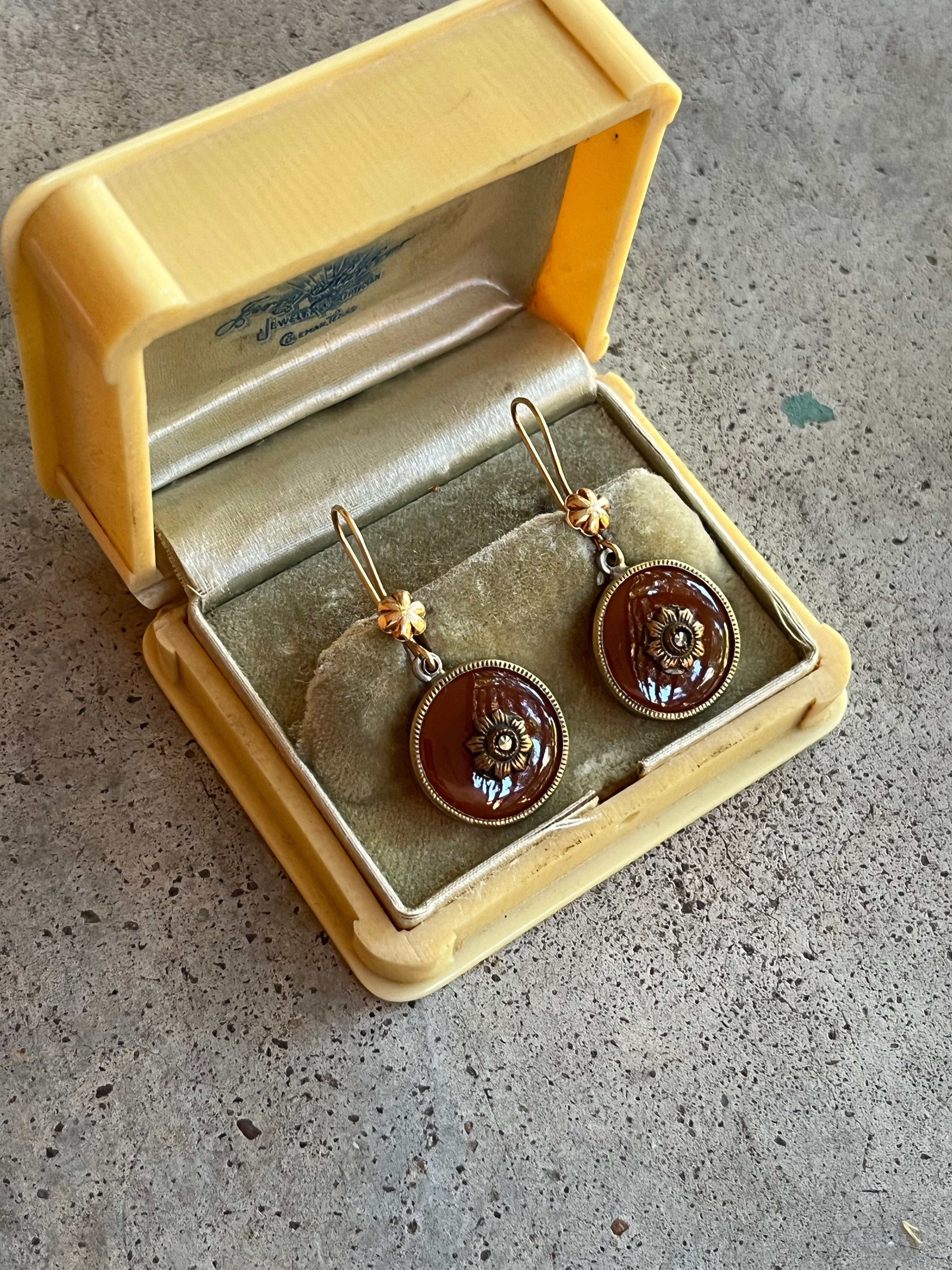 c. 1940s Carnelian Marcasite Flower Earrings