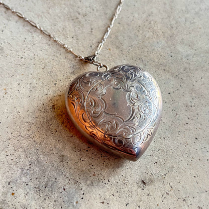 c. 1910s-1920s Sterling Silver Heart Compact Necklace