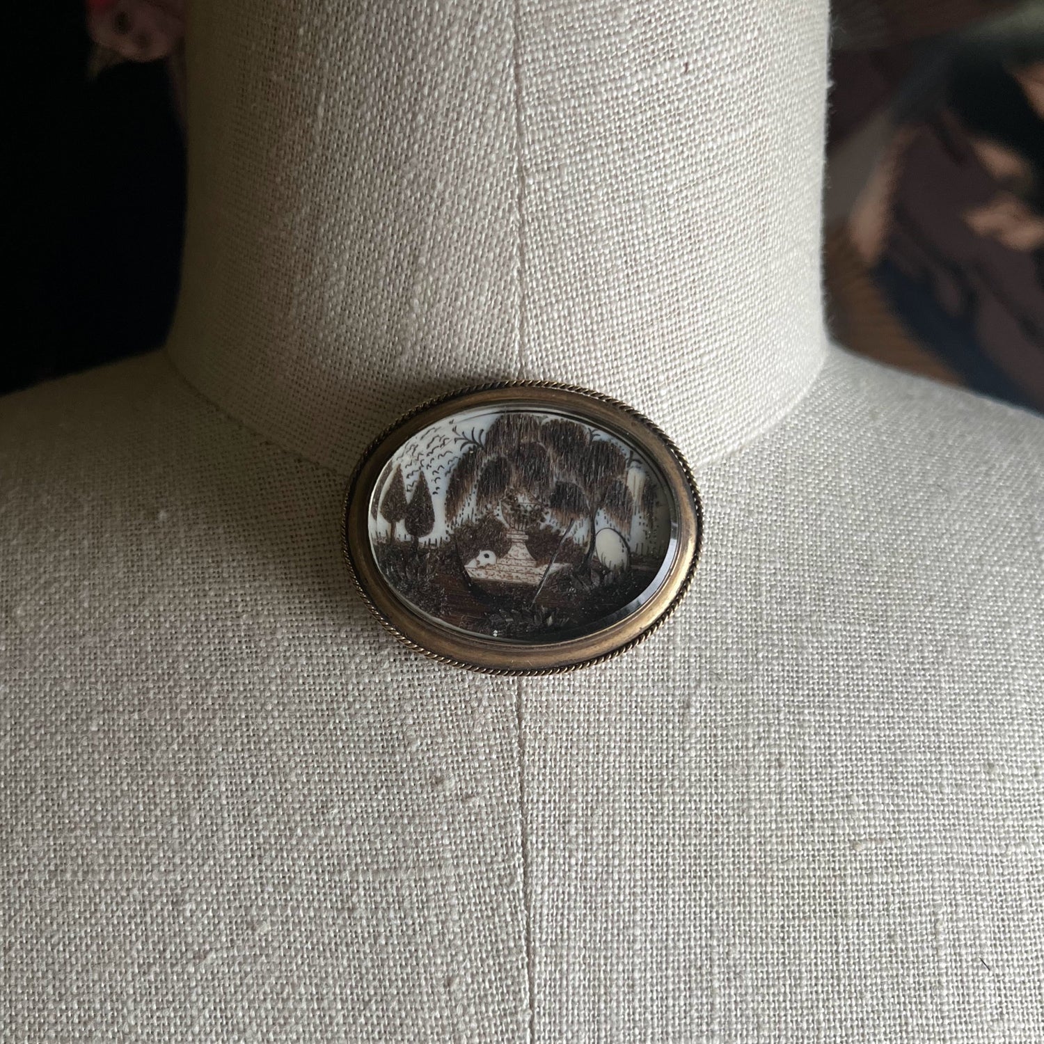 19th c. Hair Mourning Scene Brooch