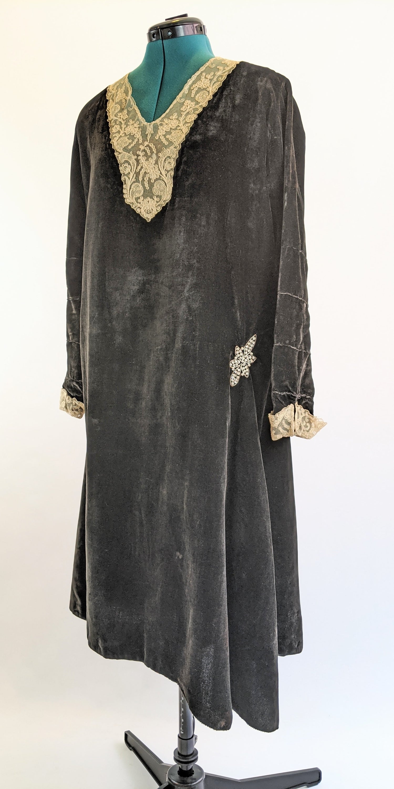 1920s Black Velvet Dress with Asymmetrical Hemline