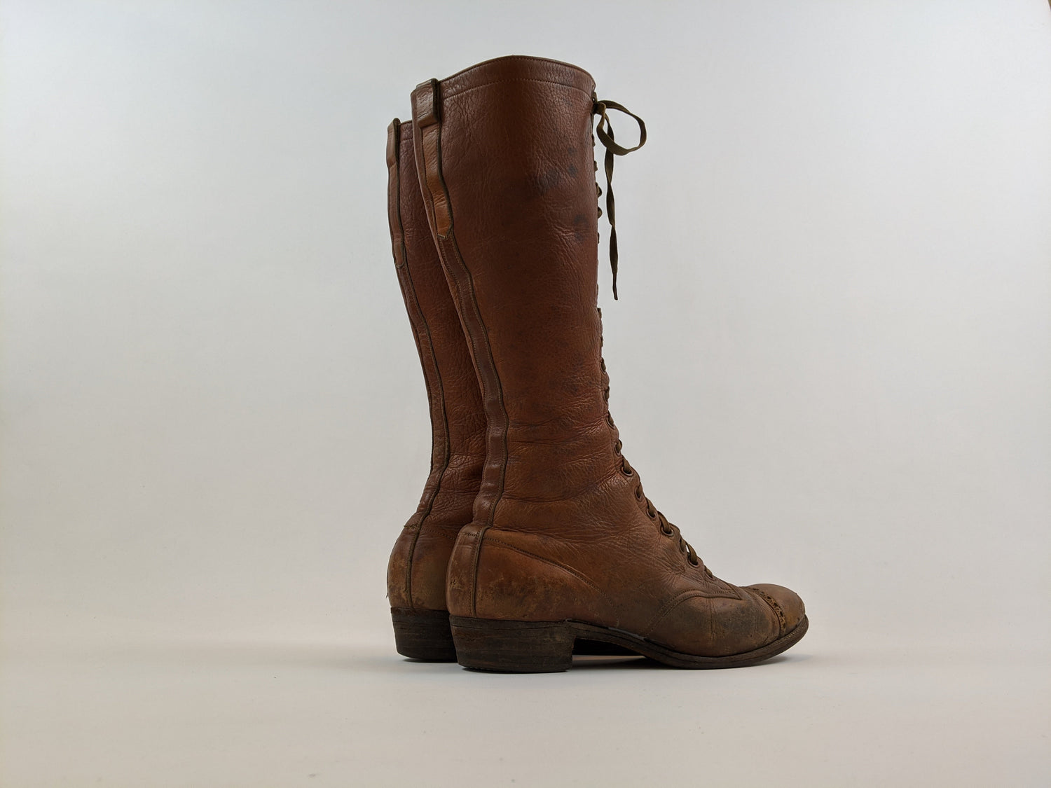1900s-1910s Tall Brown Lace Up Boots | Approx Sz 7.5