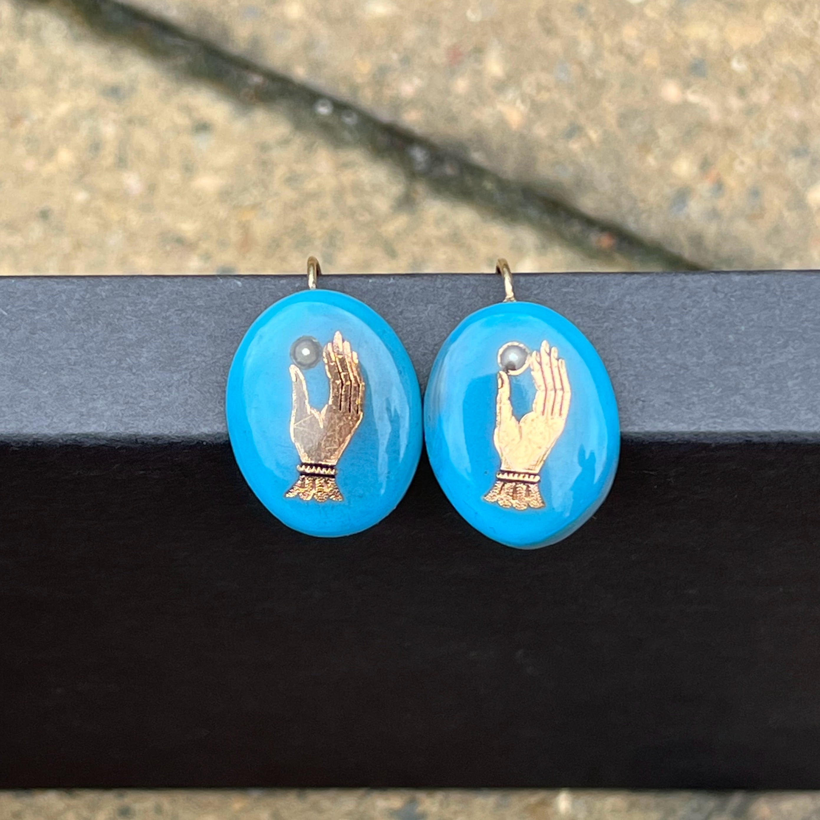19th c. Blue Enamel 14k Gold Hand Earrings