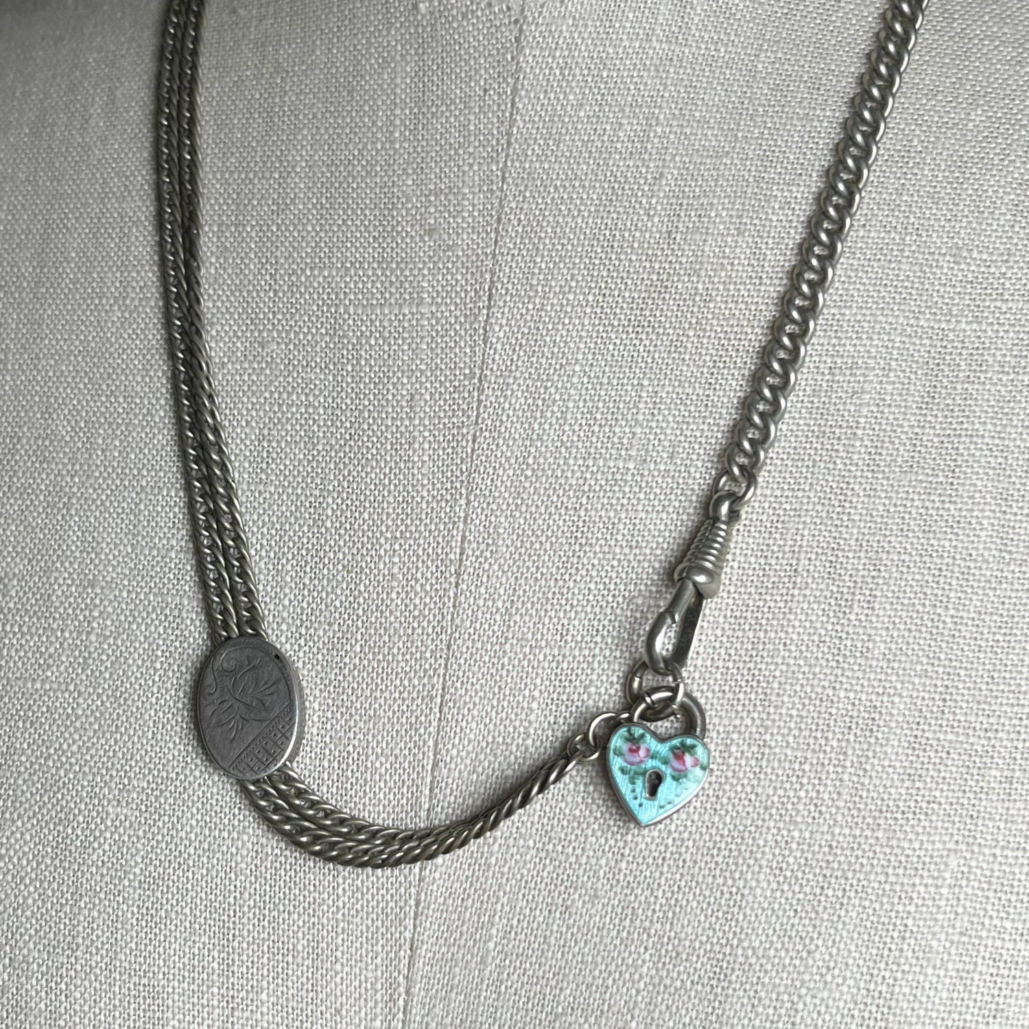 c. 1910s-1920s Sterling Silver Guilloche Enamel Heart Padlock Clasp / Pendant