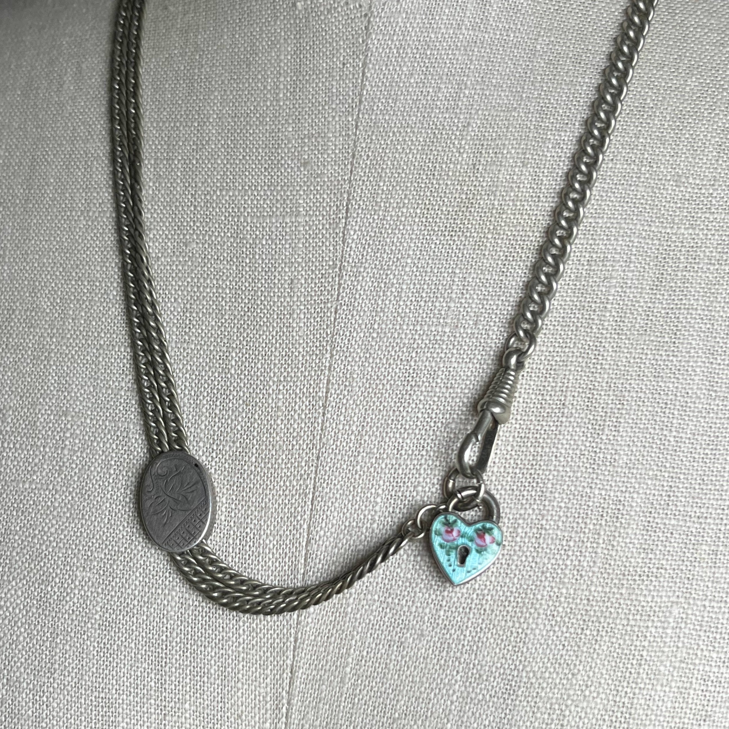 c. 1910s-1920s Sterling Silver Guilloche Enamel Heart Padlock Clasp / Pendant