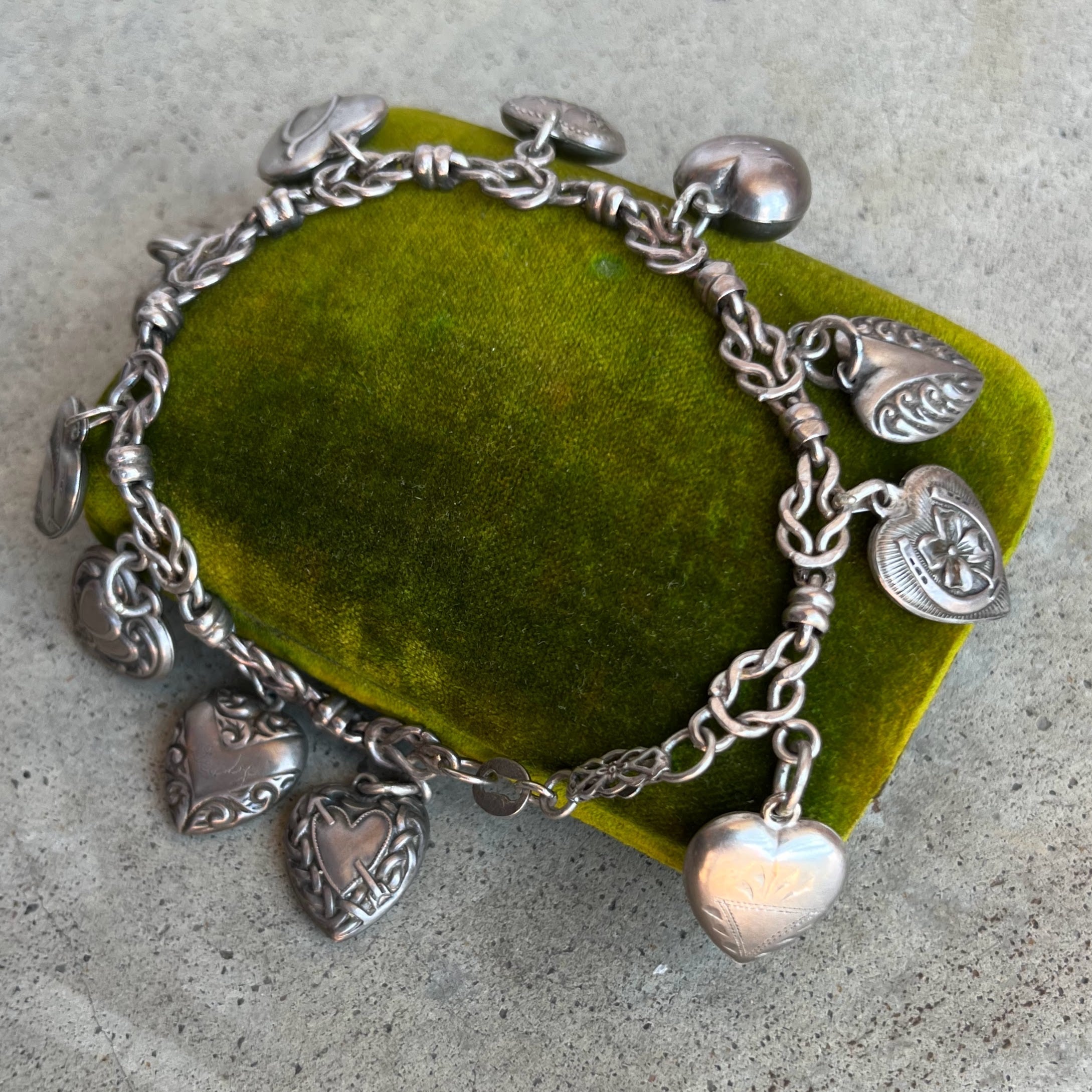 Vintage Sterling Silver Puffy Heart Charm Bracelet